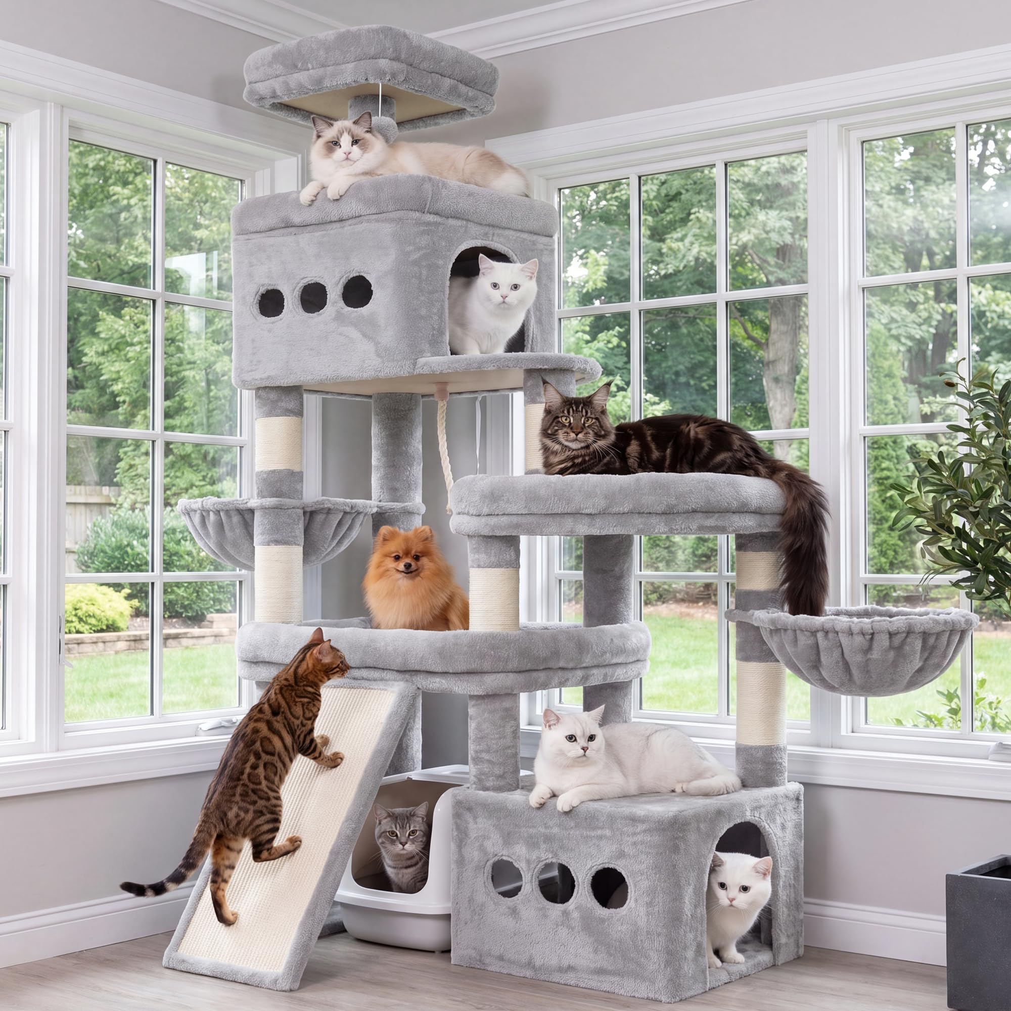 Heybly Arbre à chat HCT060W Tour anti-basculement avec perchoirs spacieux 183 cm