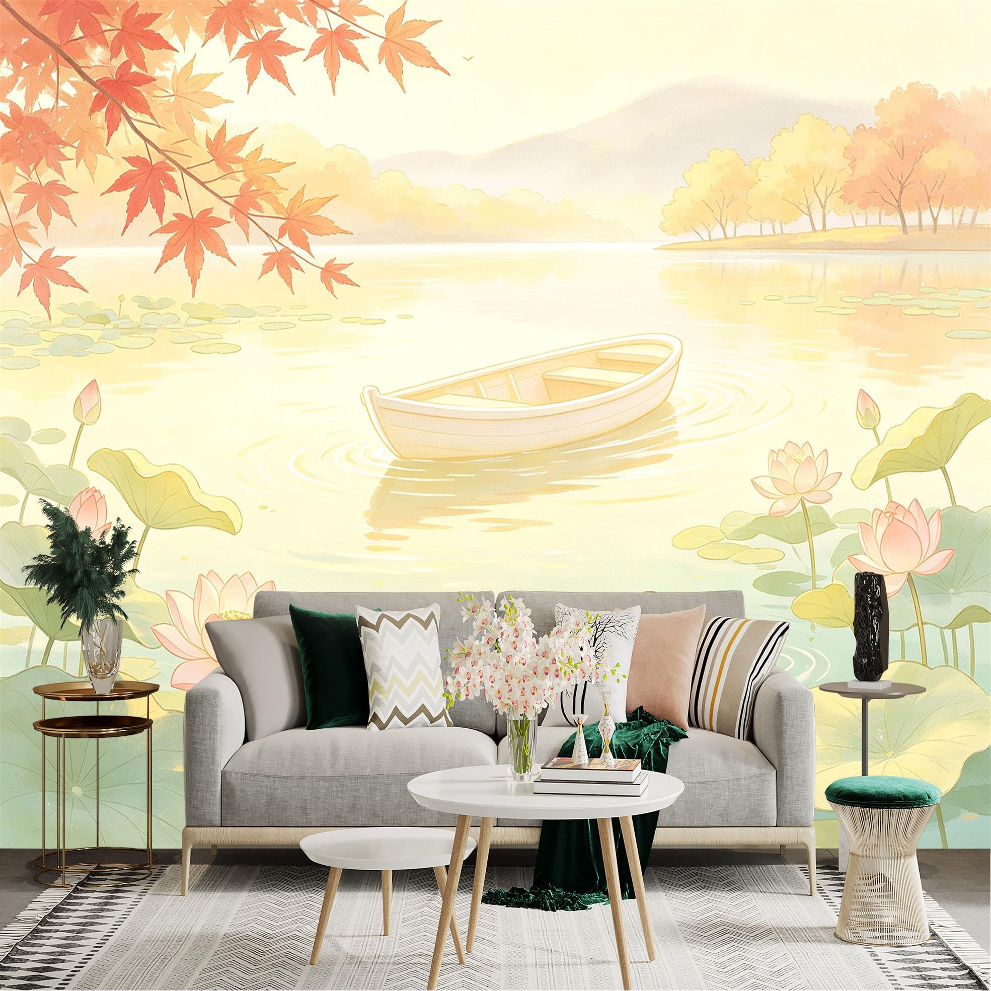 Custom Size Wall Sticker Mural， Peaceful Lake with Floating Boat， Blooming Lotus Flowers and Mandarin Duck， for wall Decoration， peelandstick wall Decals.