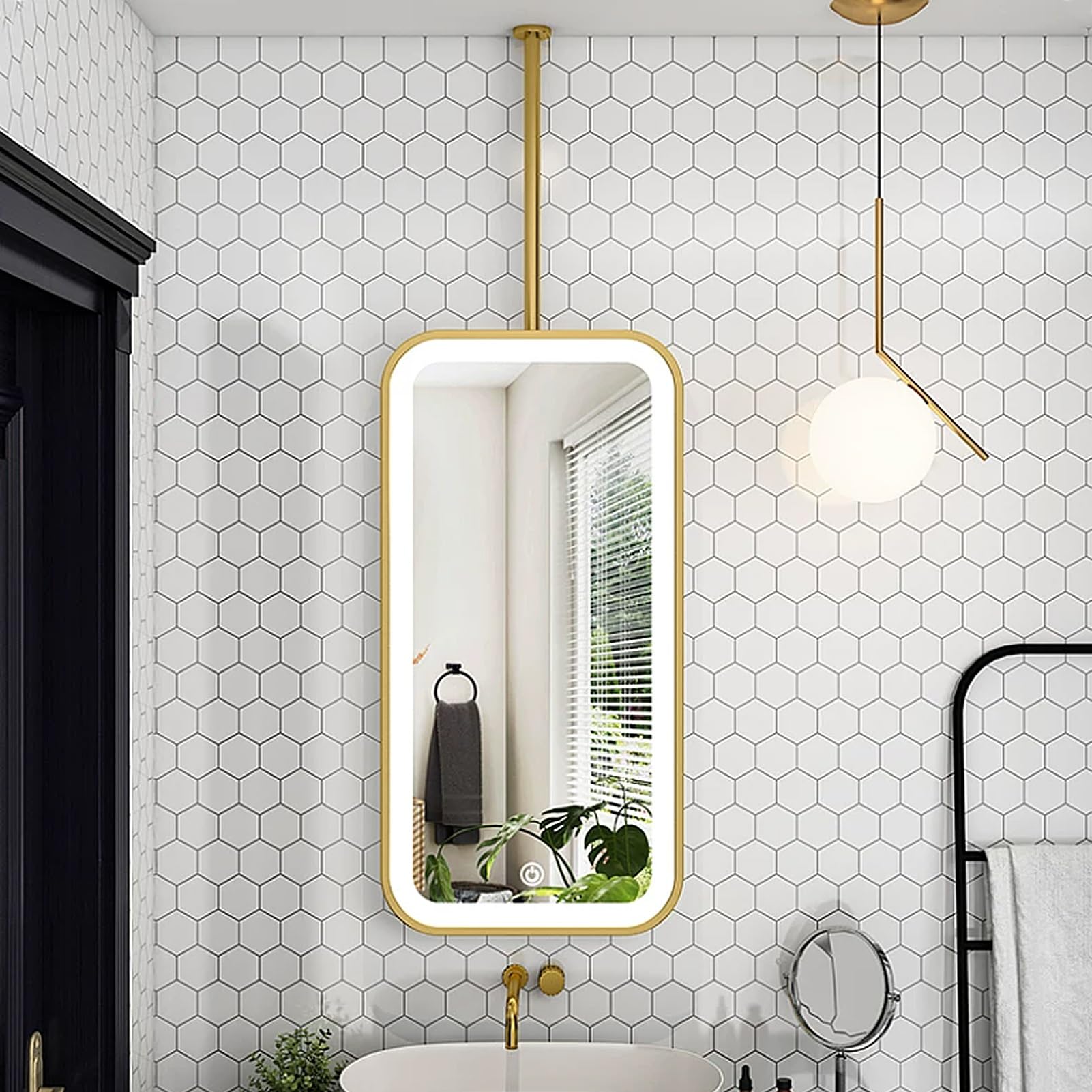 FGXHHS Metal Frame Wall Mirror｜Gold Rectangle Mirrors Ceiling Hanging Mirror Lighting LED Bathroom Vanity for Home or Hotel Décor｜Customizable(40cmx60cm)