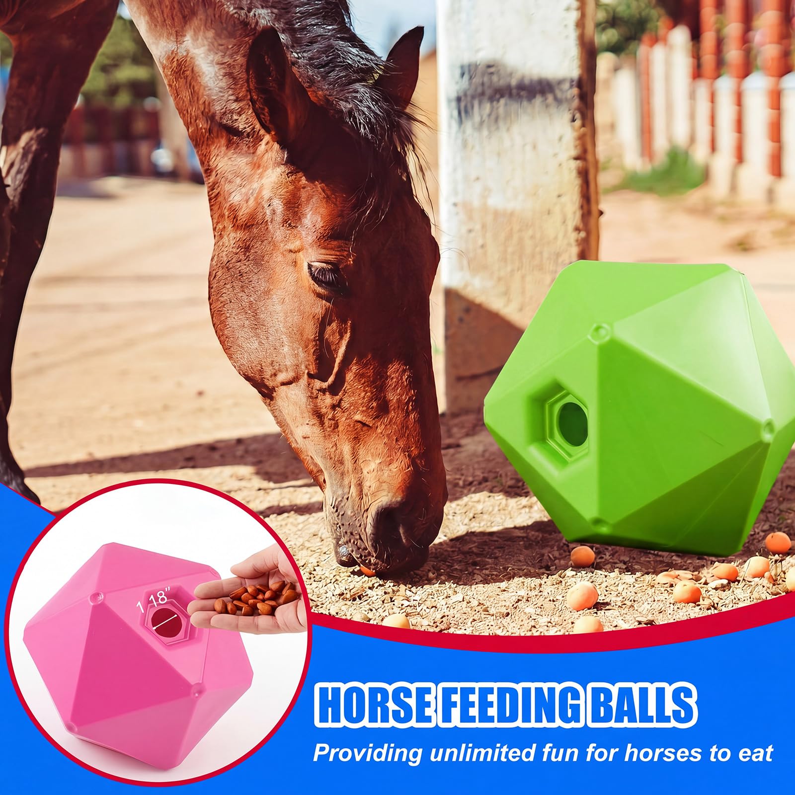 Seenelling Paquete de 2 juguetes de pelota de caballo, alimentador de bolas de 9 pulgadas y alivio del estrés con apertura de 1.13 pulgadas para paddock, juguetes de enriquecimiento de alimentación