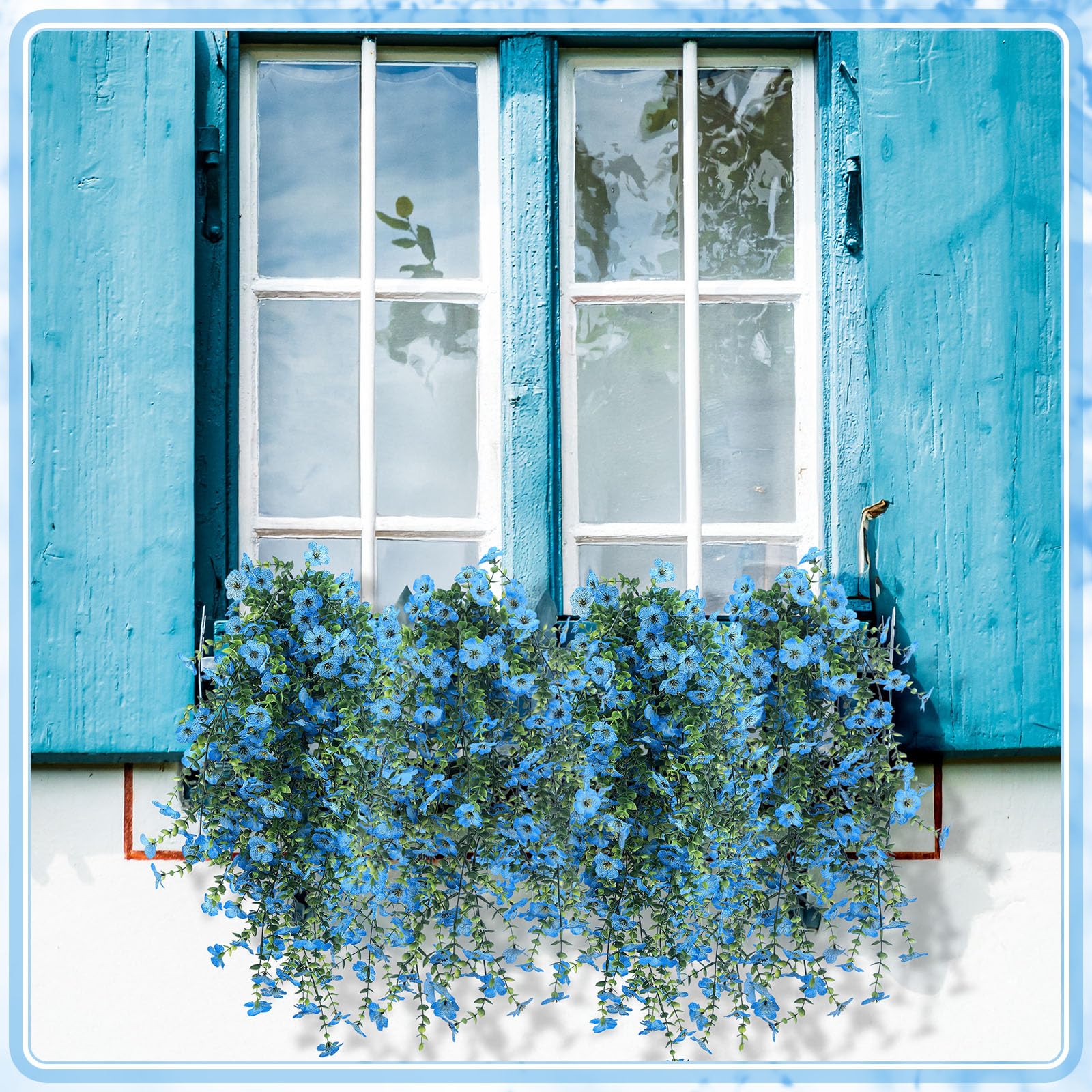 Thiccywoov Künstliche Hängeblumen, Eukalyptus-Ranke, künstliche Grünpflanze, Kunstseide, UV-beständig, für Außenwand, Garten, Zaun, Innenbereich, Hochzeitsbankett, Dekoration, Himmelblau, 4 Stück