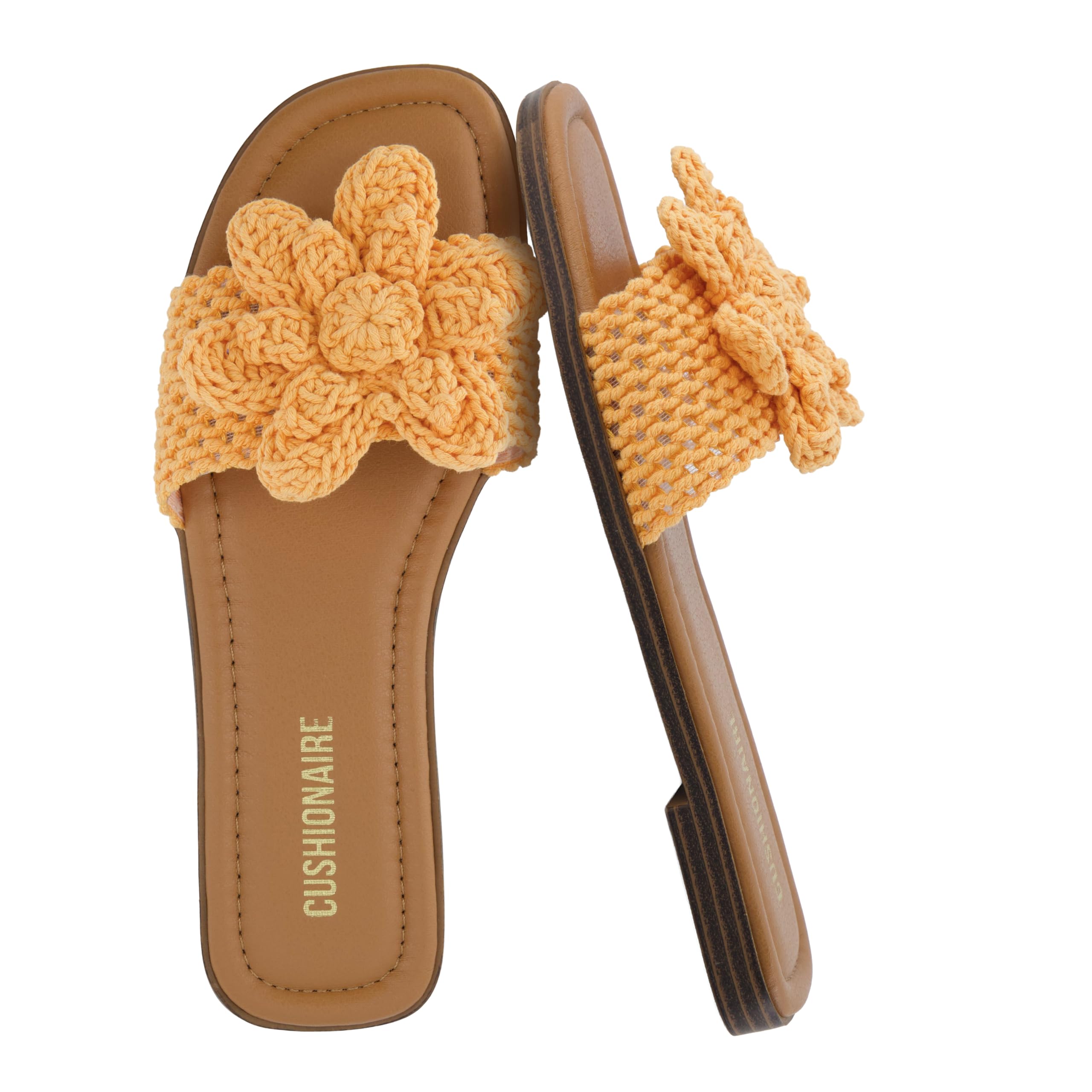 CUSHIONAIRE Gemma Knit Flat Slides for Women, Square Toe Sandals with Woven Flower Detail and Memory Foam