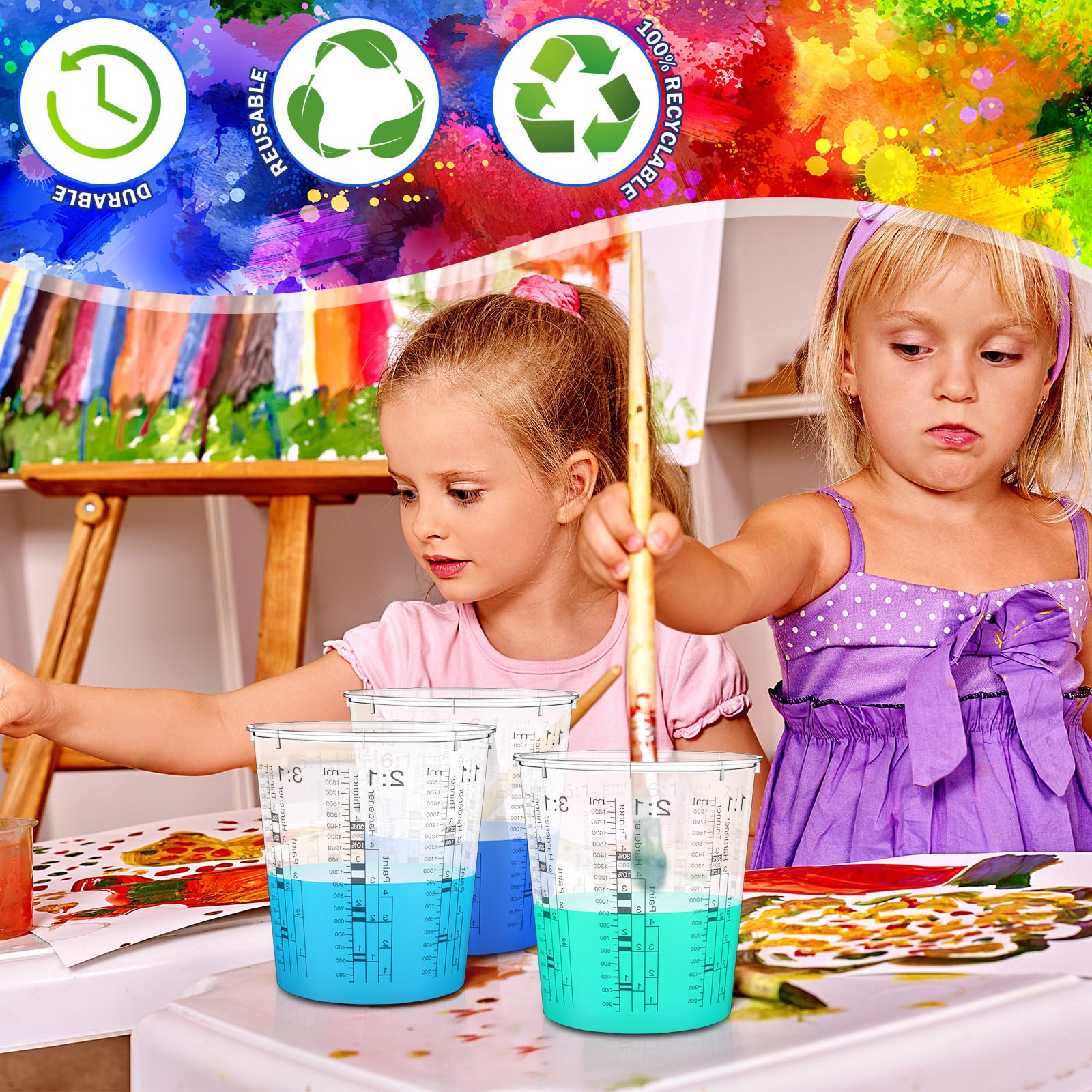 24 tazas medidoras de pintura de 64 onzas, 60.9 fl oz, tazas mezcladoras con graduados y 20 varillas de mezcla de pintura de plástico desechable, resina epoxi automotriz, taza de mezcla para pintura, 6