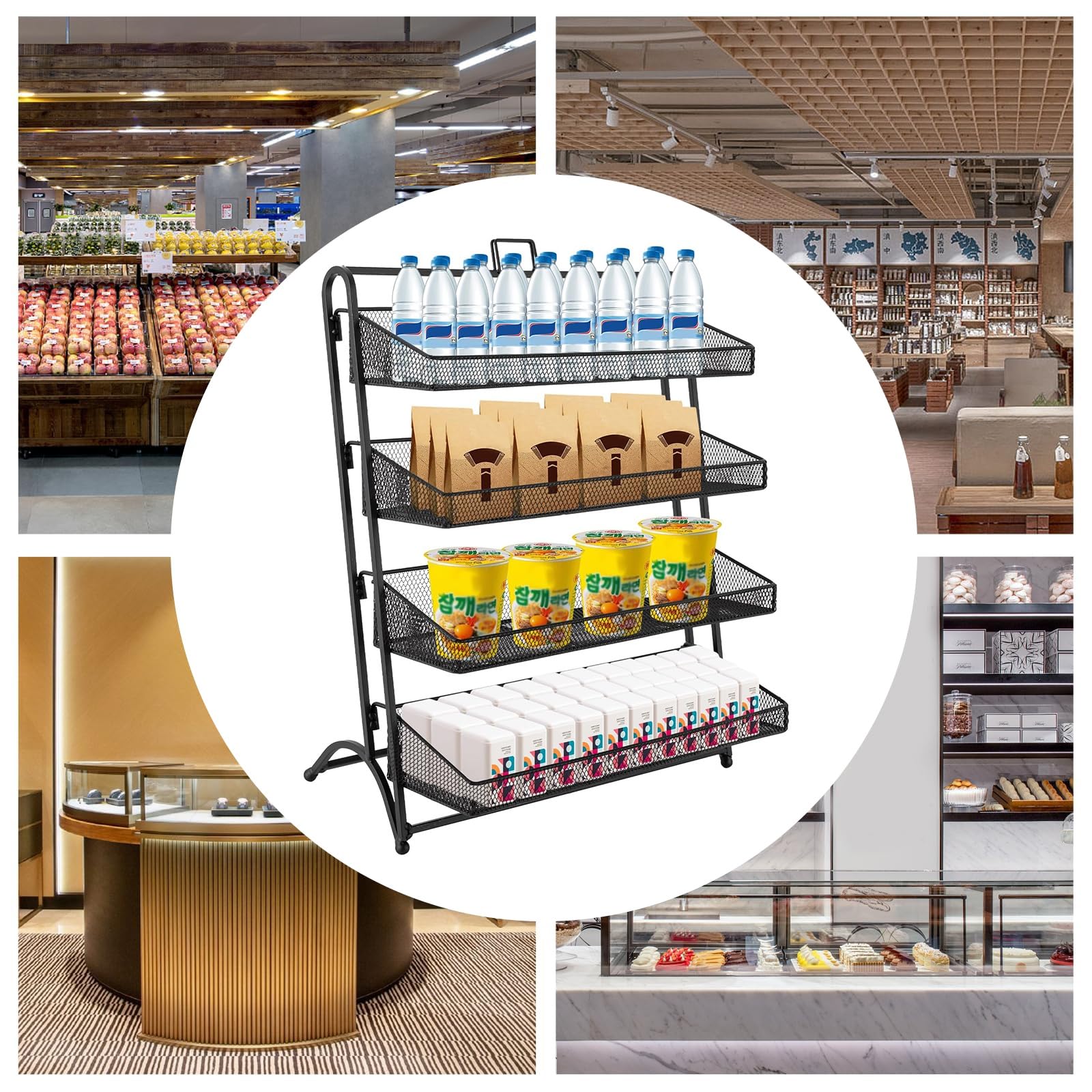 Genérico Expositor de sobremesa de 4 Niveles para Tiendas minoristas - Estante Negro para Aperitivos y Frutas, Organizador de mercancía de mostrador para Tiendas, mercados, hogar, Oficina y Cine (28