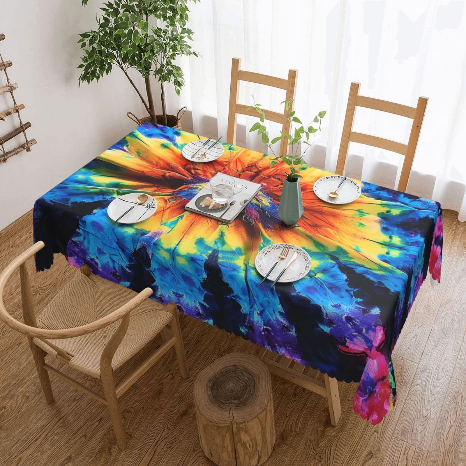 WPKJU Exotic Tribe Tie Dye Style Printed Rectangle Tablecloth 72x54 Inch with Lace Trim, Water-Resistant Washable Table Cover for Farmhouse Weddings, Outdoor Picnics & Holiday Dining