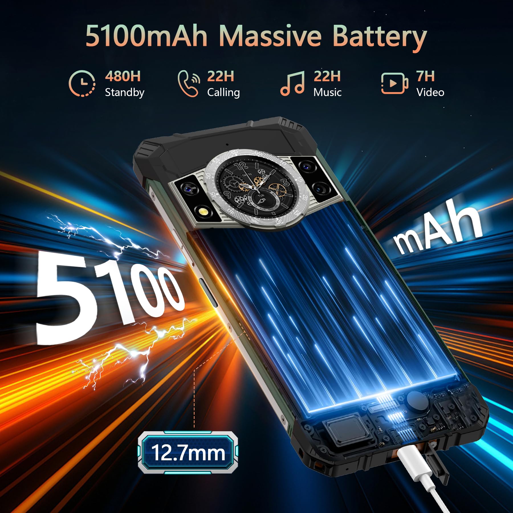 CUBOT Kingkong ACE 2 Rugged Smartphone Android 14, 16GB+128GB/1TB Telefono Indistruttibile, 6.56" HD+ 90Hz Cellulare Antiurto, 48MP, 5100mAh, 1.32" Schermo Posteriore/4G Dual SIM/IP68/NFC/OTG/FACE ID