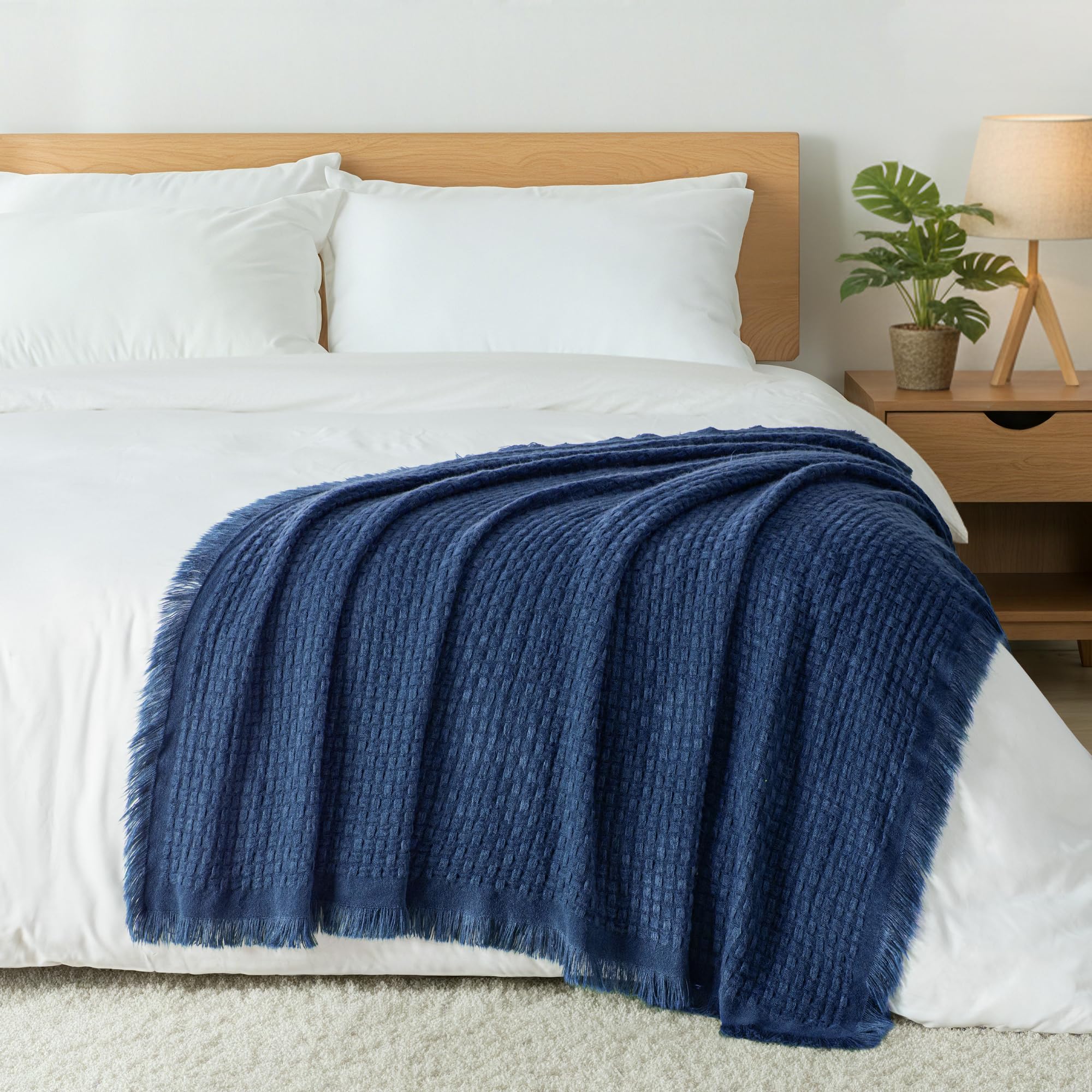 Exclusivo Mezcla Double Size Knit Blanket with Fringes for Bed, Reversible Super Soft and Breathable Woven Boho Throw for Summer, Home Decor, 150x200 CM, Navy Blue
