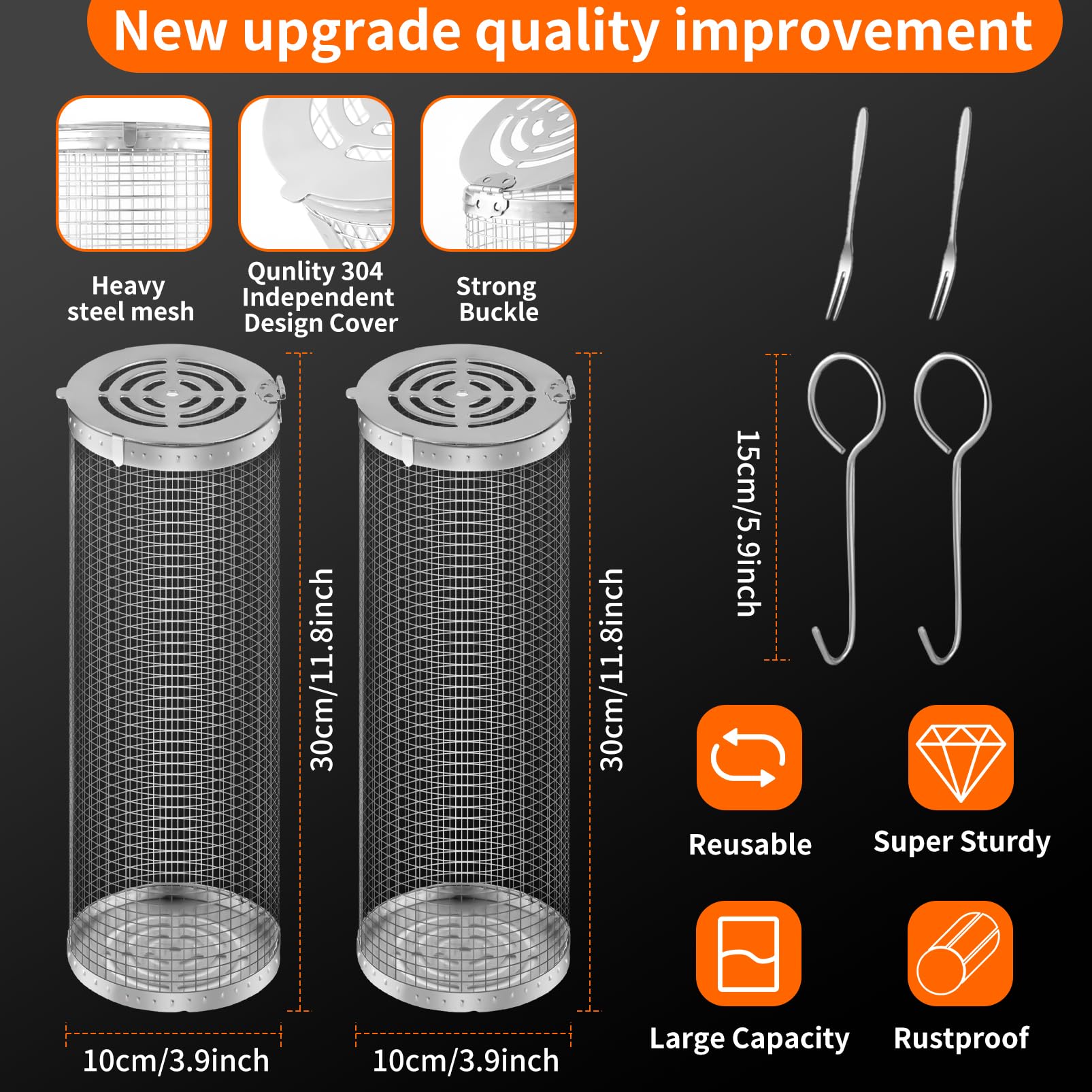 Wrakus Rolling Grilling Baskets for Outdoor - Grill Grate Charcoal Round BBQ Stainless Steel Basket Campfire Grid Camping Picnic Cookware (2L)