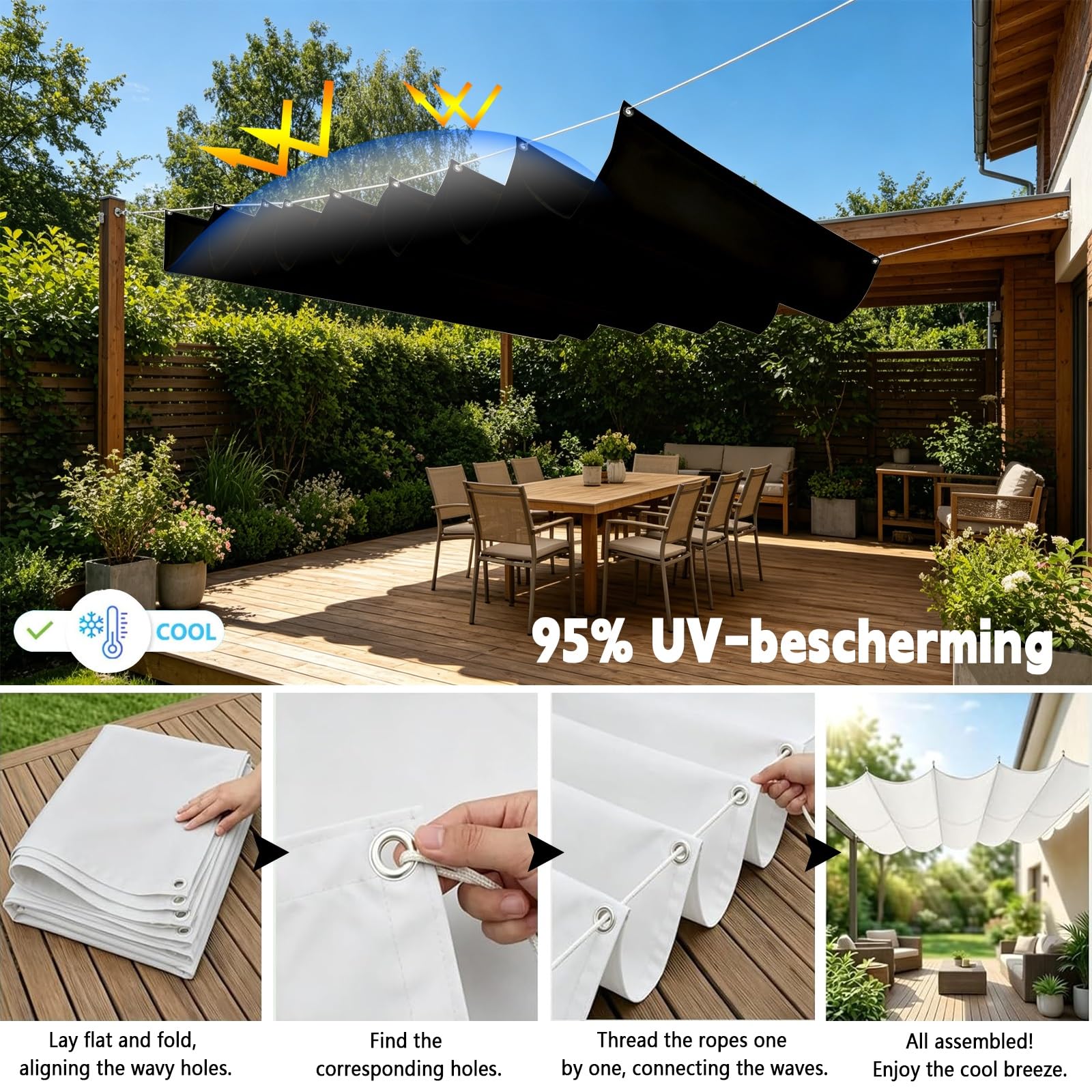 Toldo Retráctil de Onda 100 x 650 cm Impermeable Ondulada Toldos Exterior Protección Rayos UV Resistente Al Desgarro con Ojales y Cuerdas para Jardín Porche Patio Barbacoa, Negro
