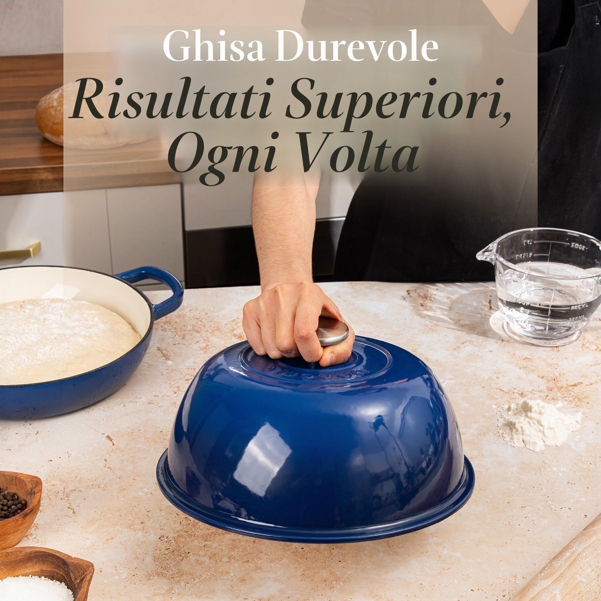 Casseruola in Ghisa Smaltata con Coperchio – Forno Olandese per Pane e Lievitati – Pentola in Ghisa per Cottura del Pane – Blu Scuro, 5.68 Litri, 22cm – by Nuovva