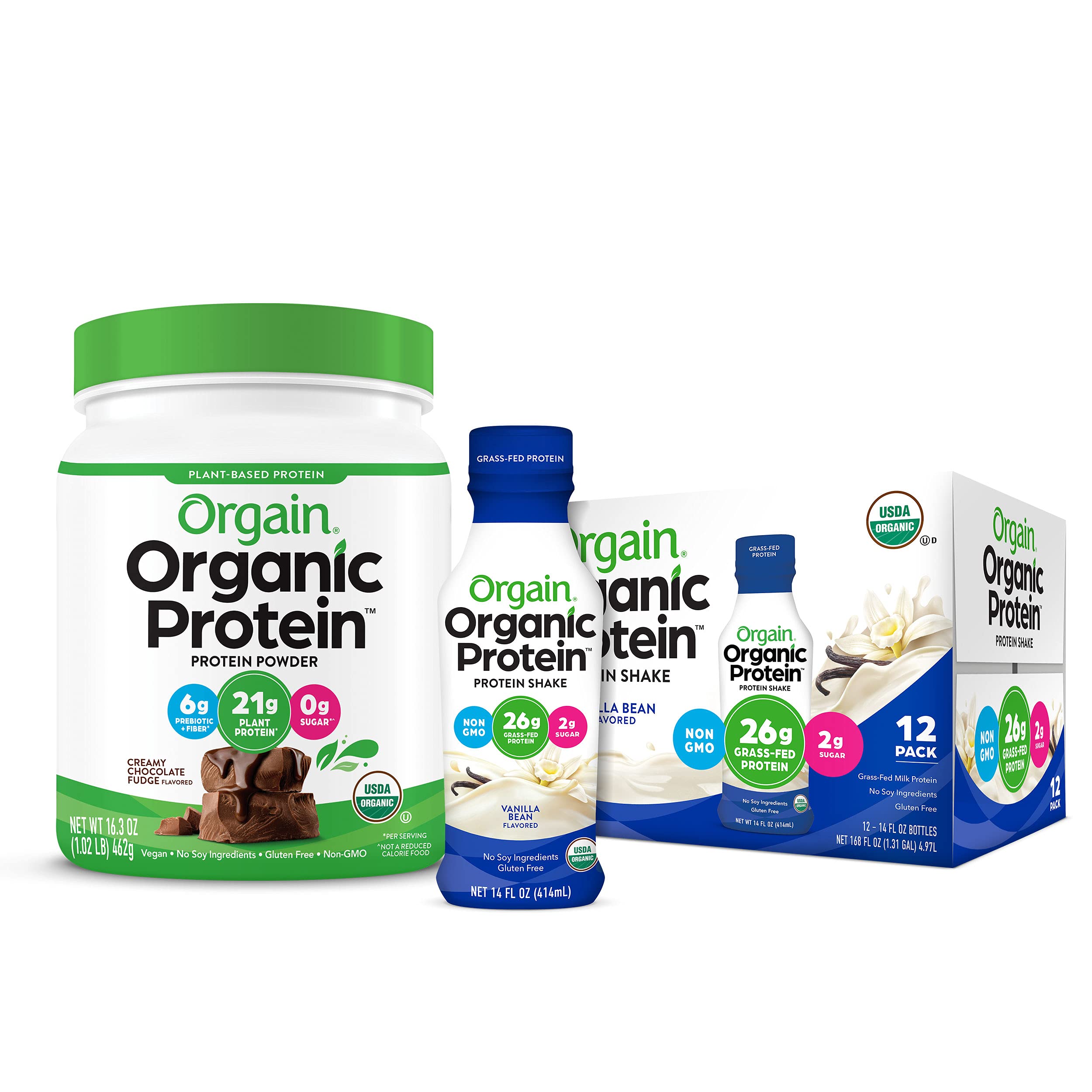 Orgain Organic Plant Based Protein Powder, Creamy Chocolate Fudge - 1.02 Pound & Organic Plant Based Protein Powder, Vanilla Bean - Vegan, Low Net Carbs, Non Da