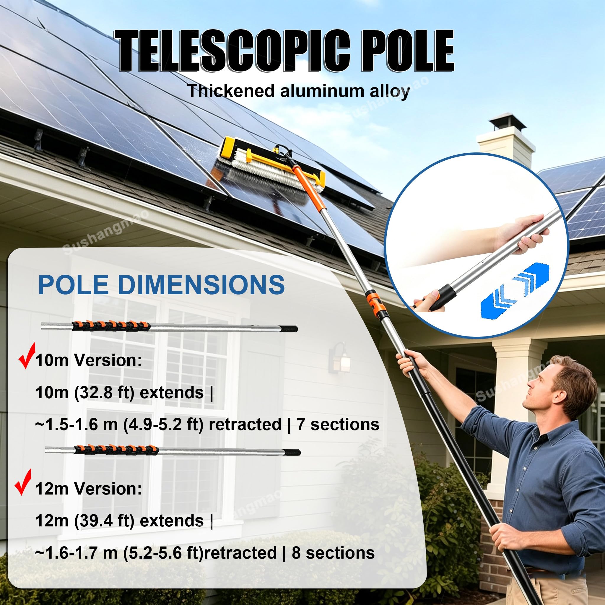 Kit De Limpieza De Paneles Fotovoltaicos – Con Batería 29.000 Mah, Cepillo 60 Cm A 380 Rpm, Raspador Trasero De Silicona, Pértiga De Fibra De Carbono – Limpiador Fotovoltaico Mains-10m(32.8ft)
