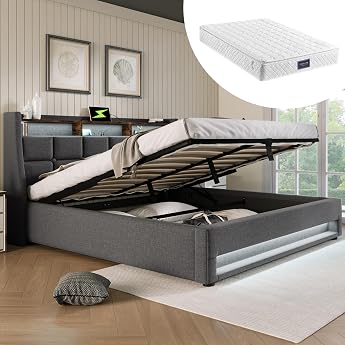 DEKKETO Storage Box Spring Bed 140 x 200 cm with LED 2 USB Mattress Grey