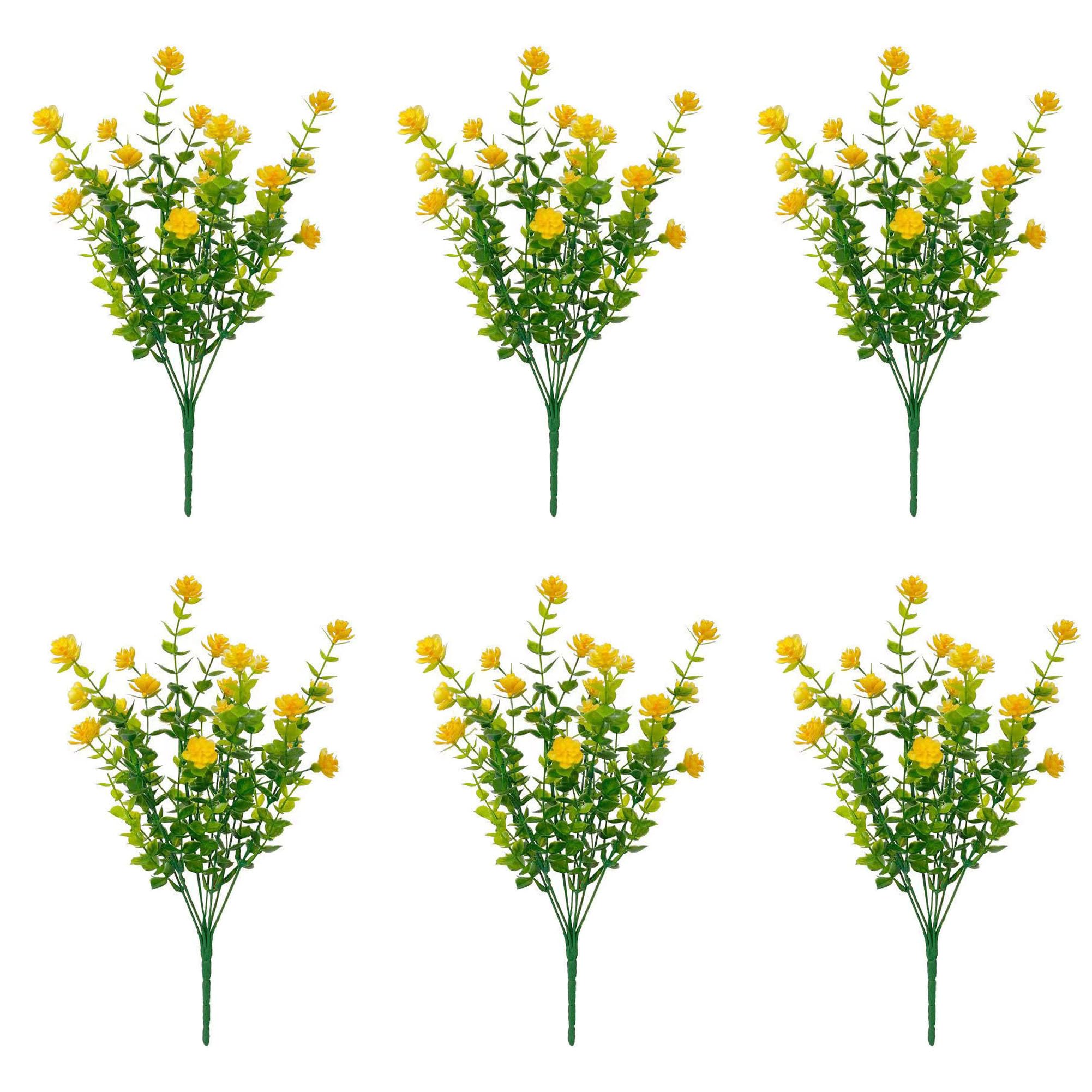 AGSYFFD 6pcs UV Resistant Artificial Flowers Outdoor, Fake Eucalyptus Plants Faux Greenery Shrubs for Garden Porch Decoration, Indoor Outdoor Plastic Plants for Home Wedding Farmhouse Decor (Yellow)