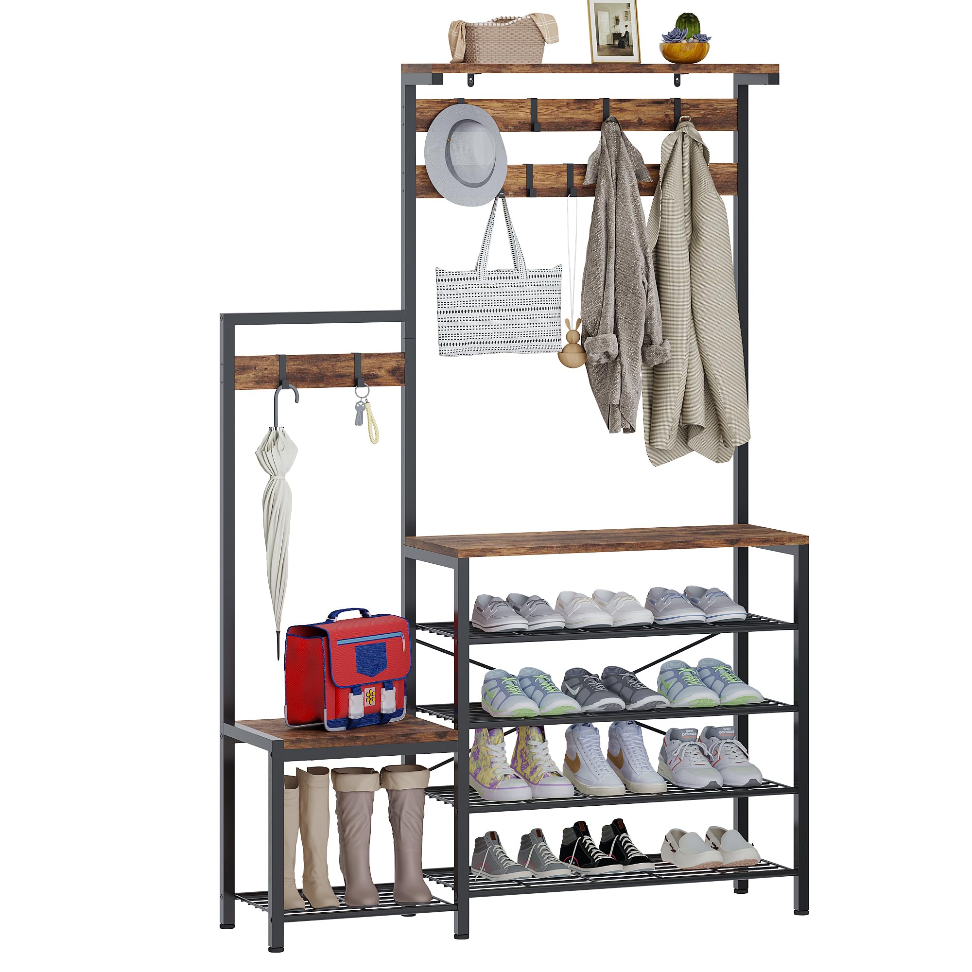 Hall Tree with Bench and Shoe Storage, Freestanding Coat Rack, 4 in 1 Entryway Coat Rack with Shoe Bench, 9 Hooks and Top Shelf, 12.6 x 44.7 x 70.9 Inches, Rustic Brown and Black