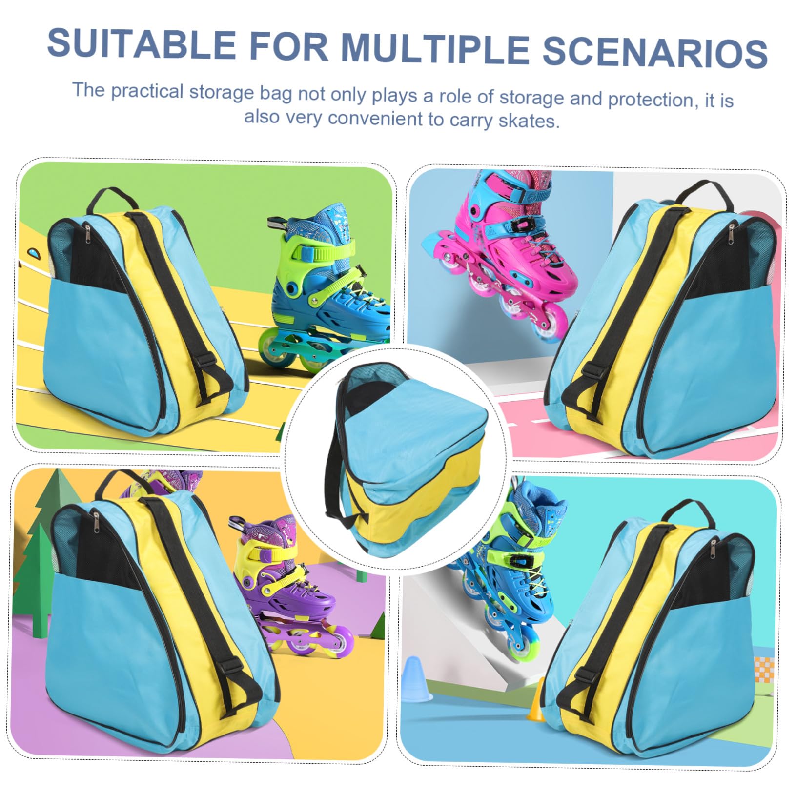 iplusmile Borsa Porta Pattini a Rotelle in Nailon, Borsa Organizer | Busta Porta Oggetti Zip, Pratica da Portare, Formato Doppio Blu e Giallo