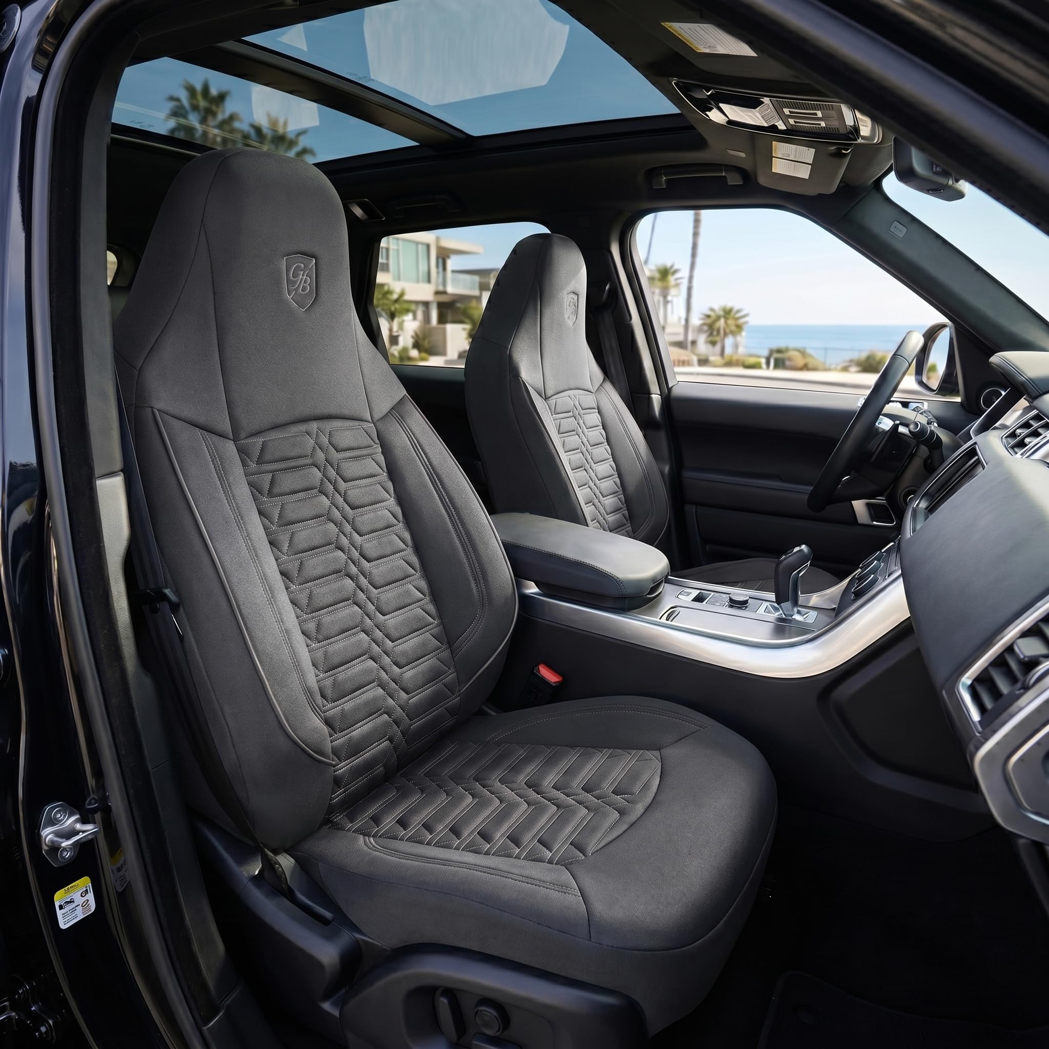 Coprisedili universali per auto e SUV – Coprisedili anteriori premium in tessuto Lacoste, grigio fumo, compatibile con airbag, coprisedile auto, set sedili anteriori con set di