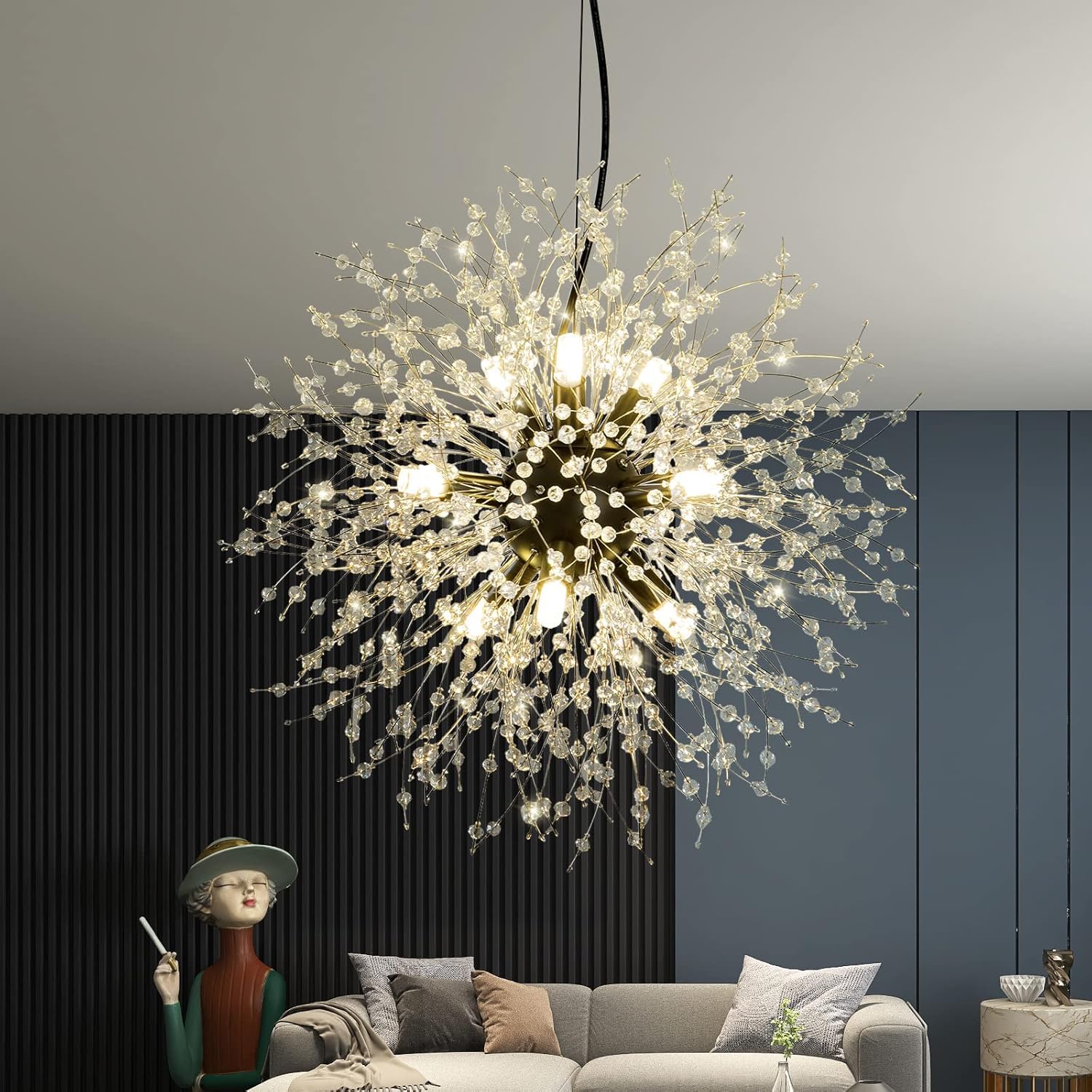 KXEcoLife Modern Dandelion Firework Chandelier, Black Dining Room Crystal Hanging Pendant Lighting Fixture for Living Room, Bathroom, Bedroom, Entryway,Black,9Light