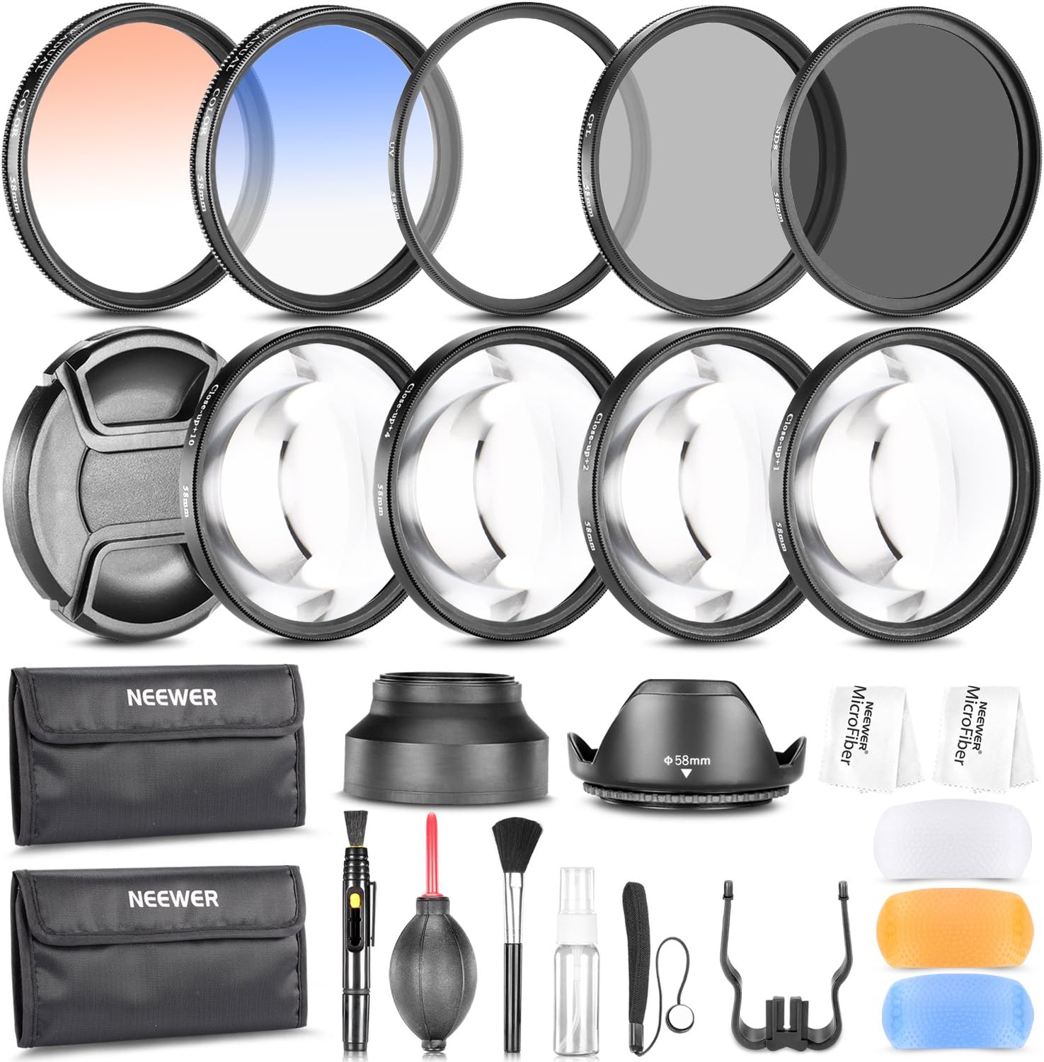 Neewer 58MM Photography Accessory Kit: Filter Set(UV+CPL+ND8)+Close-up Filter(+1/+2/+4/+10)+Graduated Color Filter+Cleaning Set+Diffuser Set+Tulip/Collapsible Lens Hood+Lens Cap+Filter Pouch