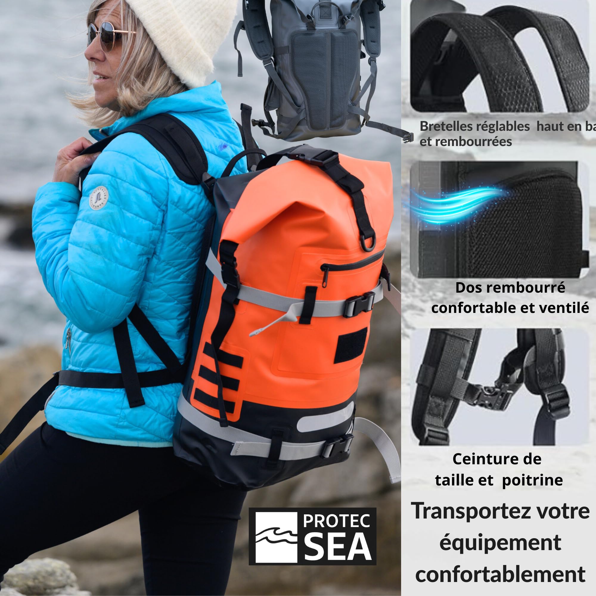 Mochila impermeable (30 L, resistente al agua, IPX6, bolsa de náutica, kayak, pádel, barco senderismo, muchos sujetadores, bolsillo delantero, bolsillo para agua)