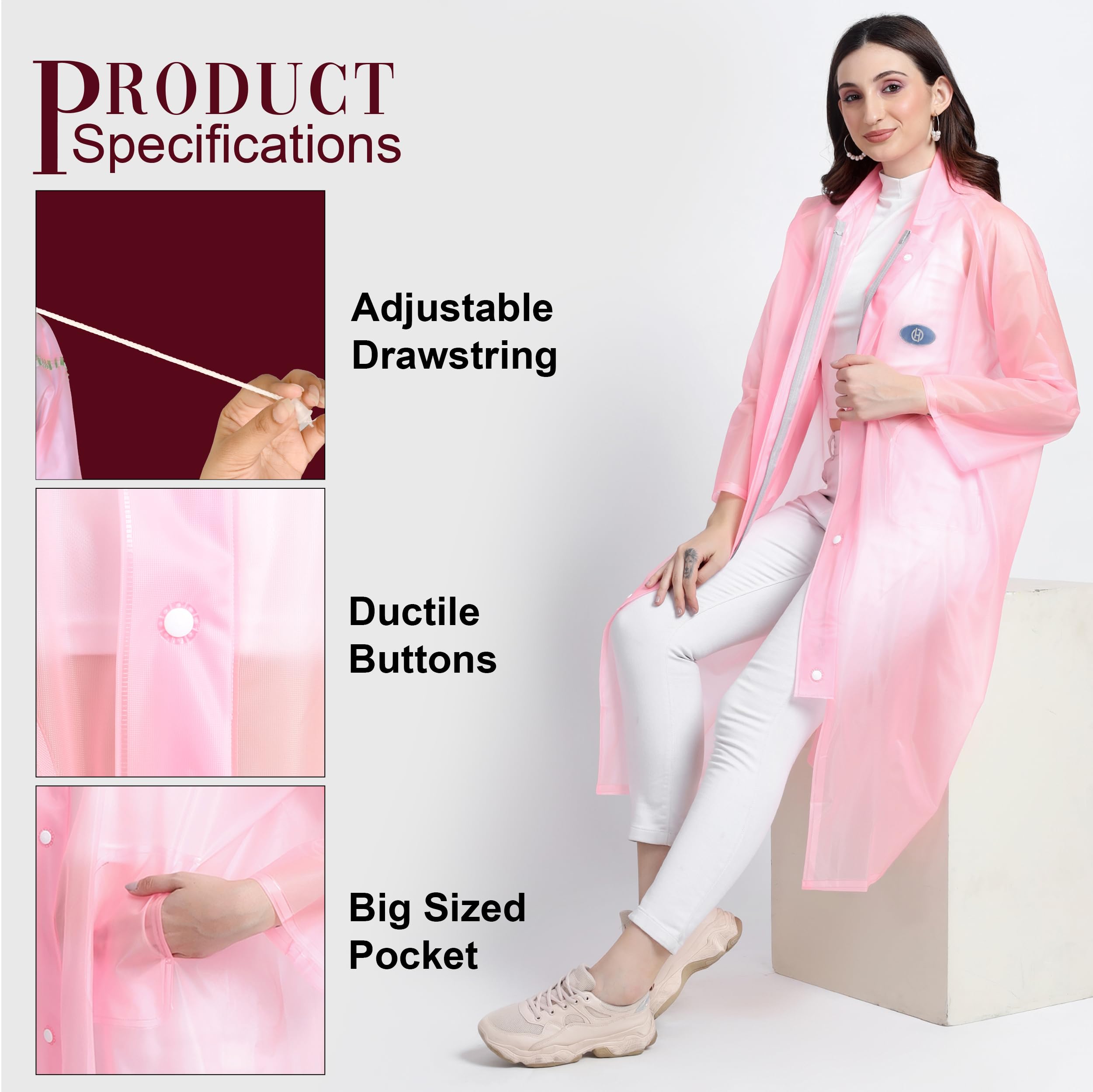 HACER Victoria Raincoat Waterproof Full Length Rainwear with Hood and Pockets for Women & Ladies Carry Bag Included- (Random Color, Size- 48, Large) 2