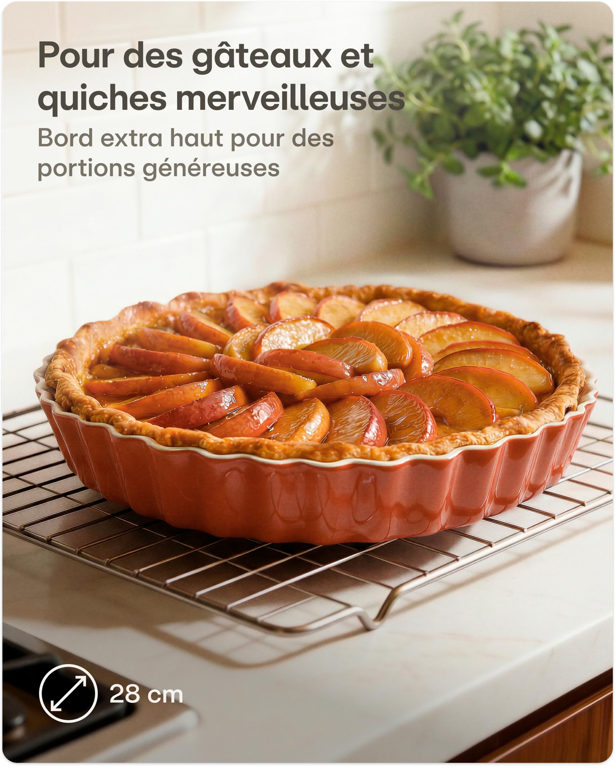 Praknu Plat à Tarte en Céramique - (Ø 28cm Moule à tarte) - Avec Revêtement Anti-adhésif - Plat a tarte facile à nettoyer - Moule a tarte résistant aux coupures (Rouge)