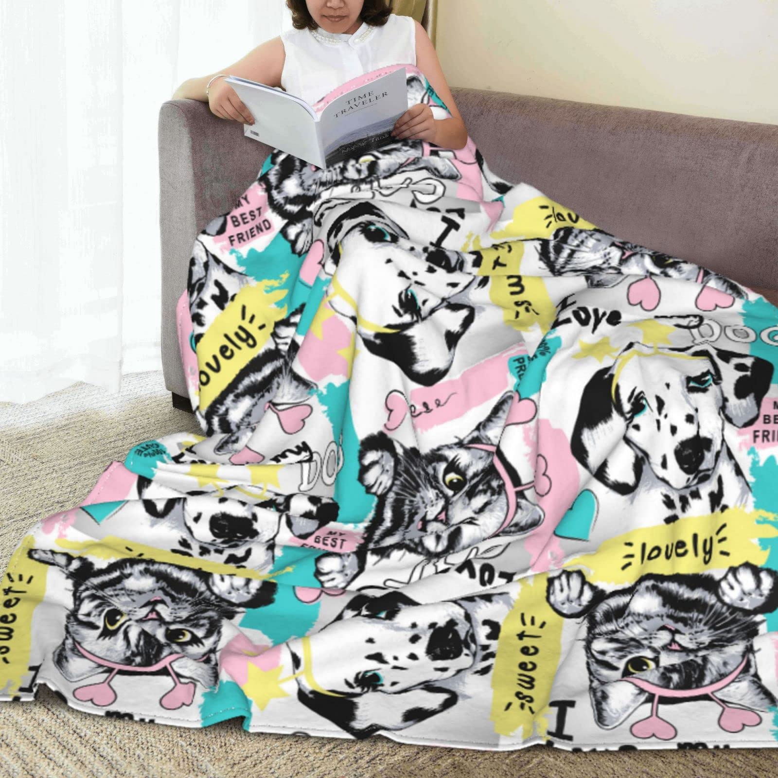 Graziosa coperta in pile con gatti e cani per letto, divano, coperta in pile, leggera, morbida e accogliente, 127 x 101,6 cm