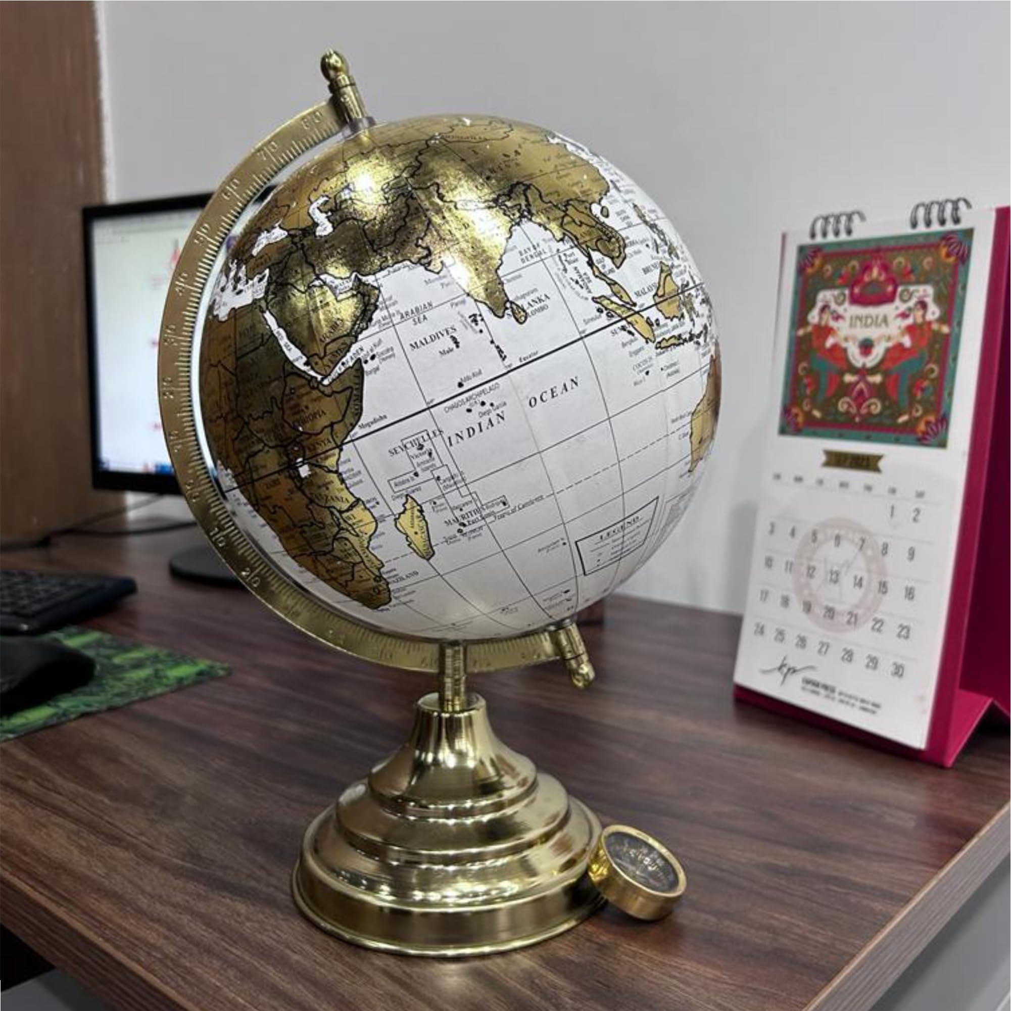 Globe Daddy Decorative 8 Inch Table Rotating Globe with Gold Arc and Base,Home Decor Item with Gold Foil Stamp Map White Color