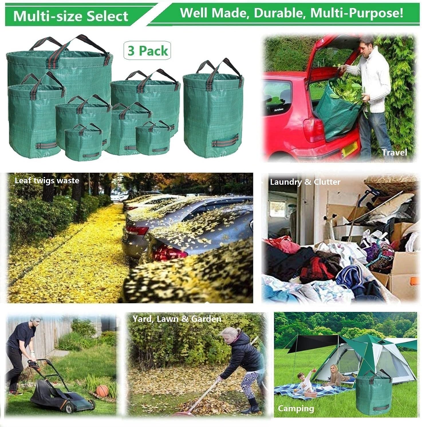 Professional 3-Pack 63 Gallons Lawn Garden Bags (D31, H19 inches) Reusable Yard Waste Bag with Gardening Gloves - Patio Standable Bag,Leaf Bag,Trash Containers,Plant Clippings Bag with 4 Handles : Patio, Lawn & Garden