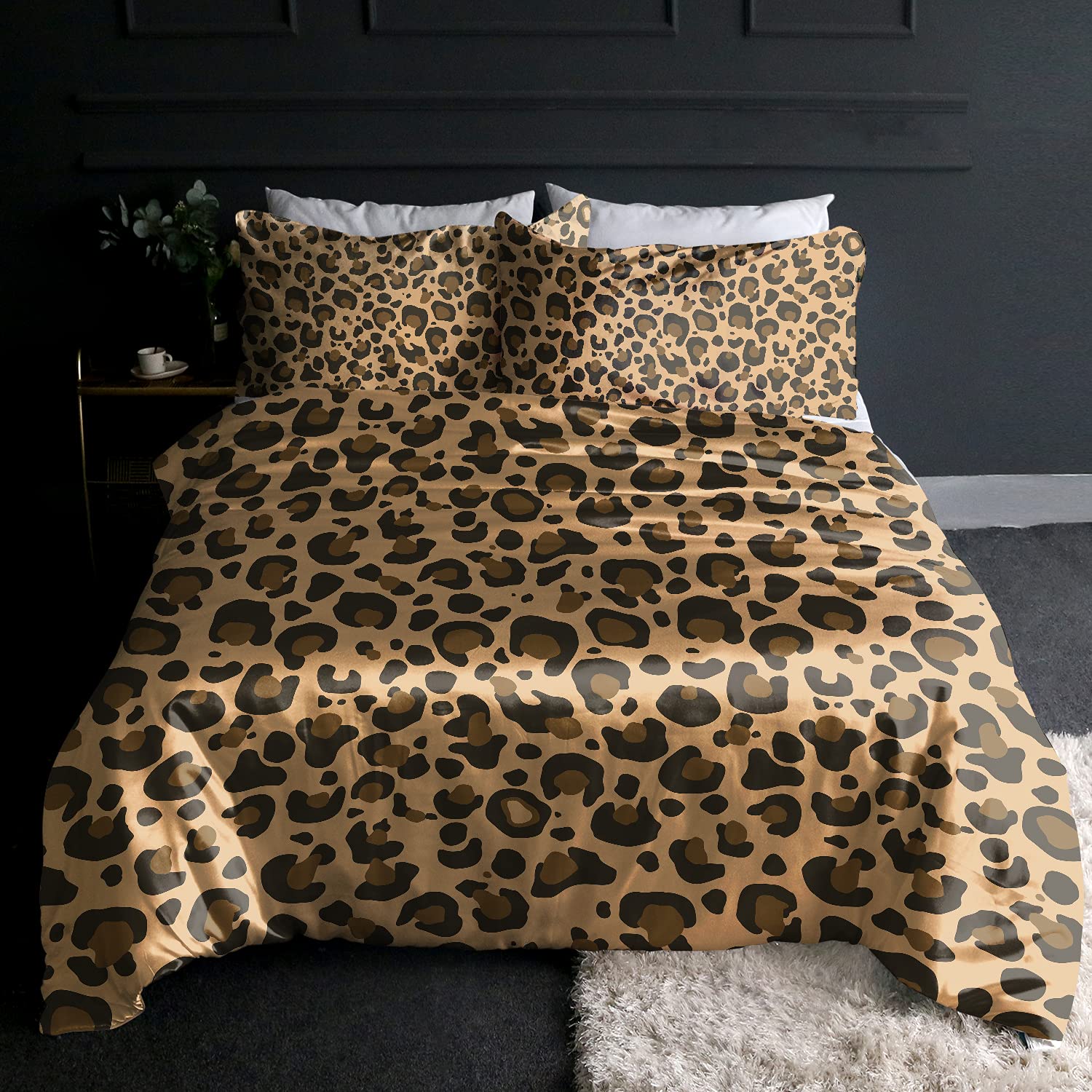 BlessLiving Leopard Animal Satin Bedding Trendy Stylish Wild Safari Silky Duvet Cover Women Black and Gold Leopard Spots Pattern Bedspreadsfor Adults Women (3 Piece, King)