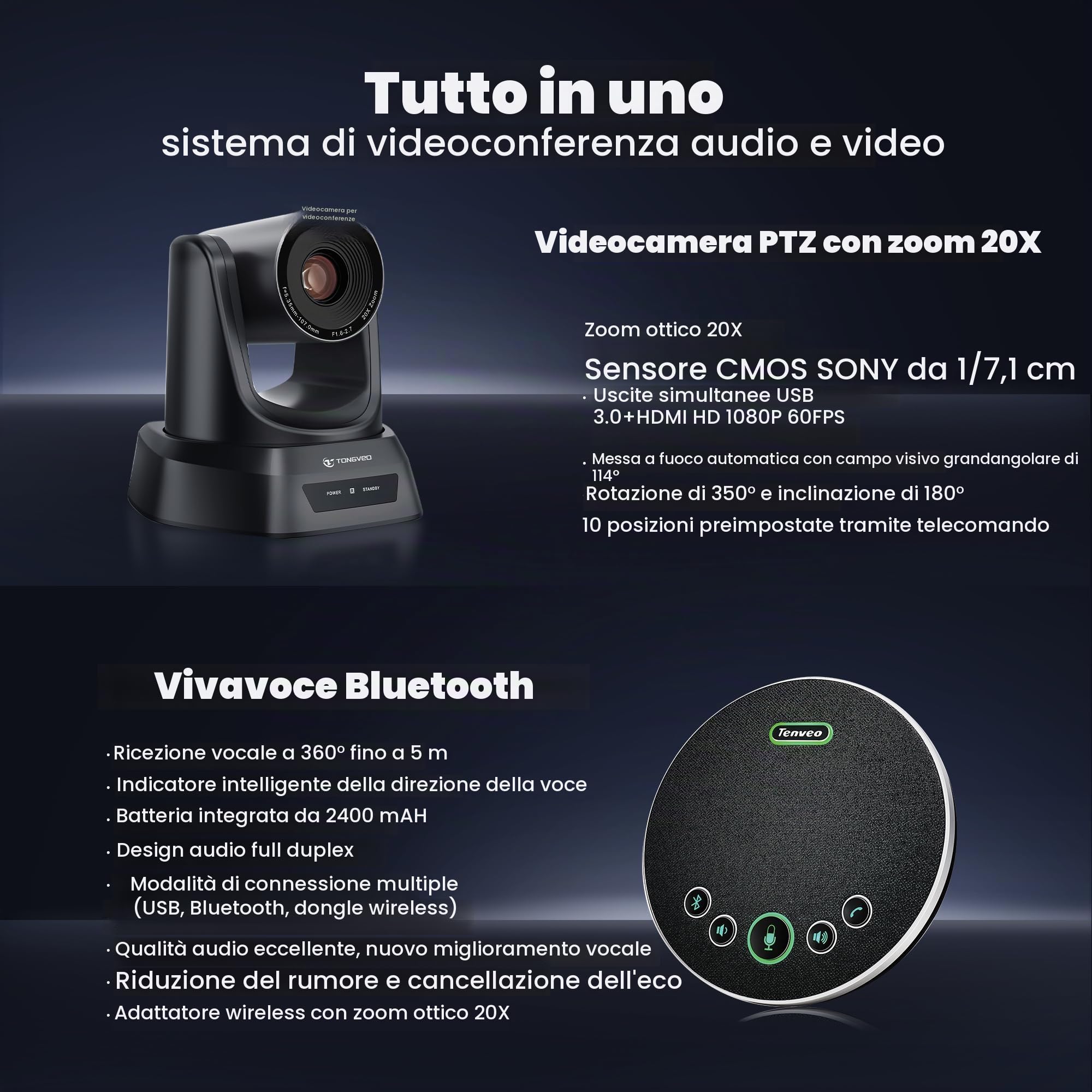 TONGVEO HDMI 20X PTZ Camera per sale conferenze con microfono Bluetooth, videocamera USB 3.0 60fps Collaborazione per l'istruzione Streaming in chiesa per team, Zoom, PC (UVC1.1)
