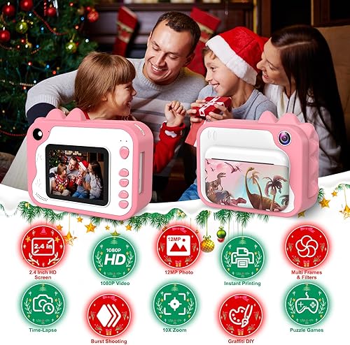 Miniatura 2 de USHINING Cámara de impresión para niños de 12 MP, rosa, pantalla de 2.4 pulgadas, tarjeta micro SD de 32 GB, impresión sin tinta, video de 1080P, 3