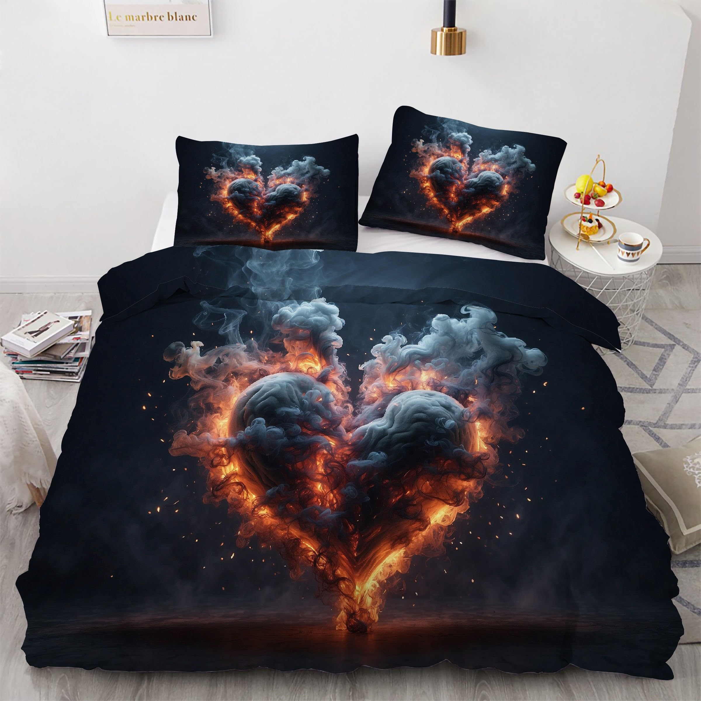 Housse de couette 240x260 Amour de Flamme en microfibre douce avec ses 2 taies d'oreiller