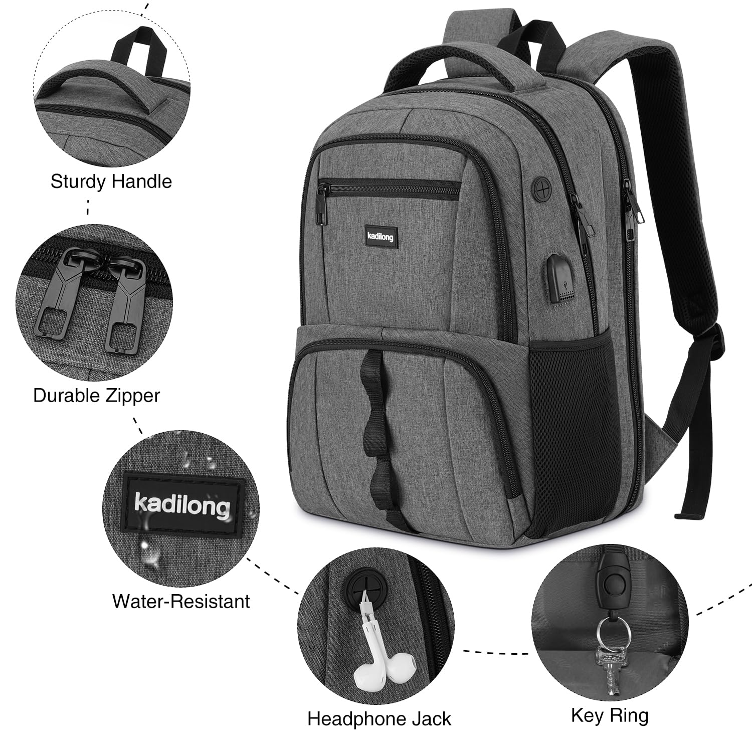 kadilong 17,3 Pouces Sac à Dos de Voyage pour Ordinateur Portable pour Homme pour Affaires,École,Étudiants,Lycée,Cartable Lycée pour Étudiant avec Port de Charge
