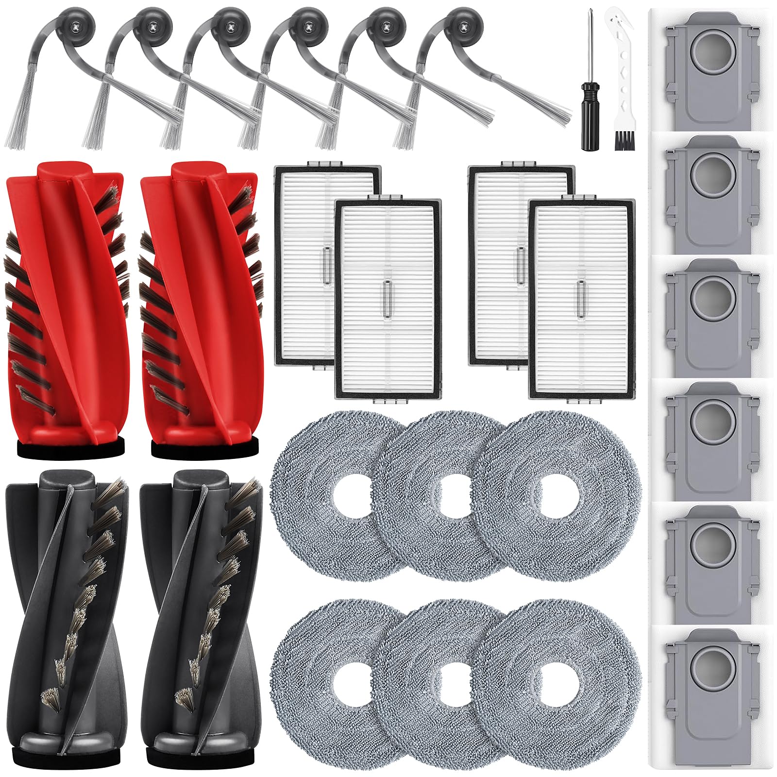 28 Stück Zubehörset für Roborock Saros 10R/Qrevo CurvX/Qrevo Curv 2 Pro Saugroboter mit 2 Paar Hauptbürsten 6 Wischtücher 4 Filtern 6 Staubbeuteln 6 Seitenbürsten 1 Reinigungsbürste 1 Schraubendreher