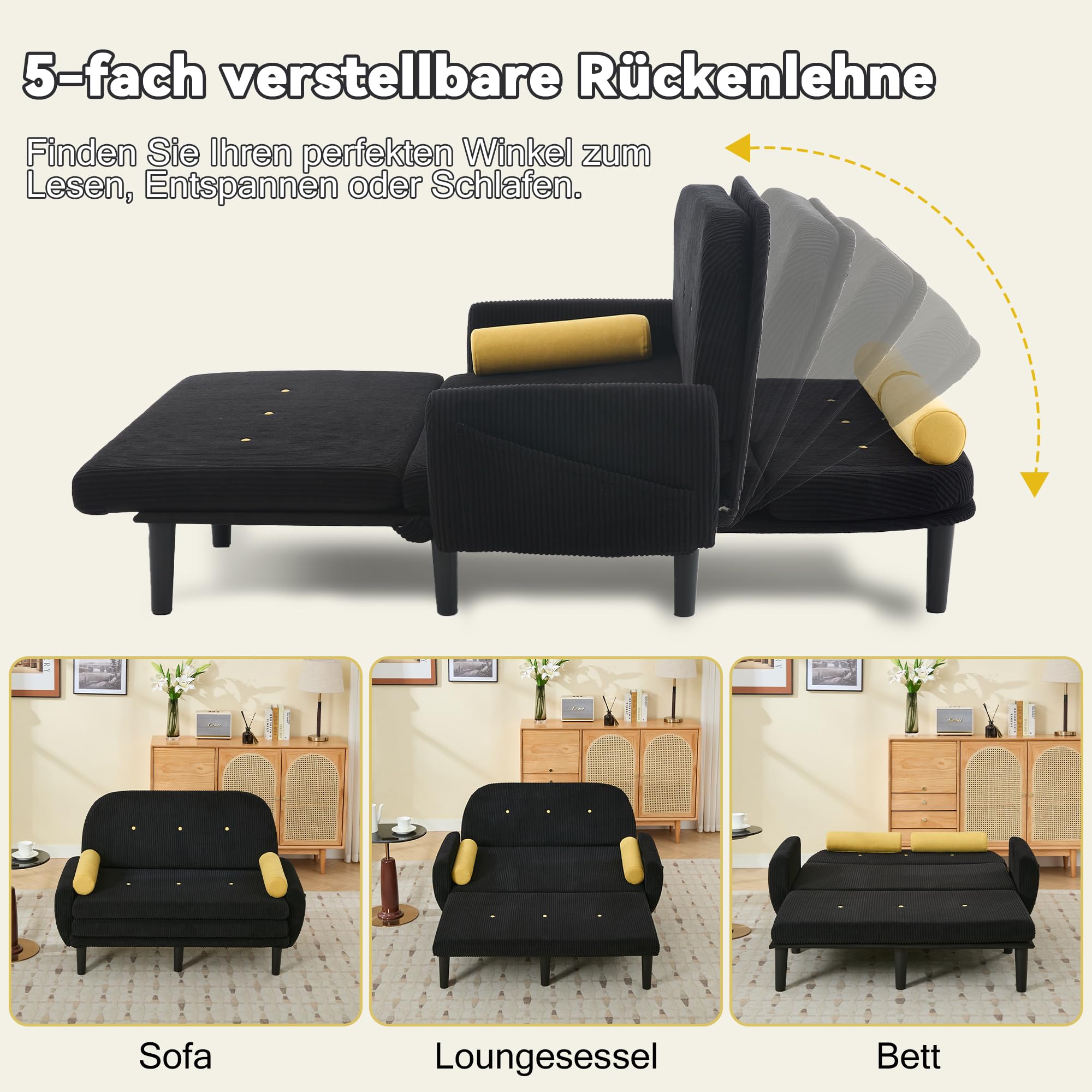 2-Sitzer Sofa mit Rückenlehne verstellbar, Samt-Cord Stoff, Schlafsessel mit Stauraum, für Wohnzimmer, Schlafzimmer, Gästezimmer