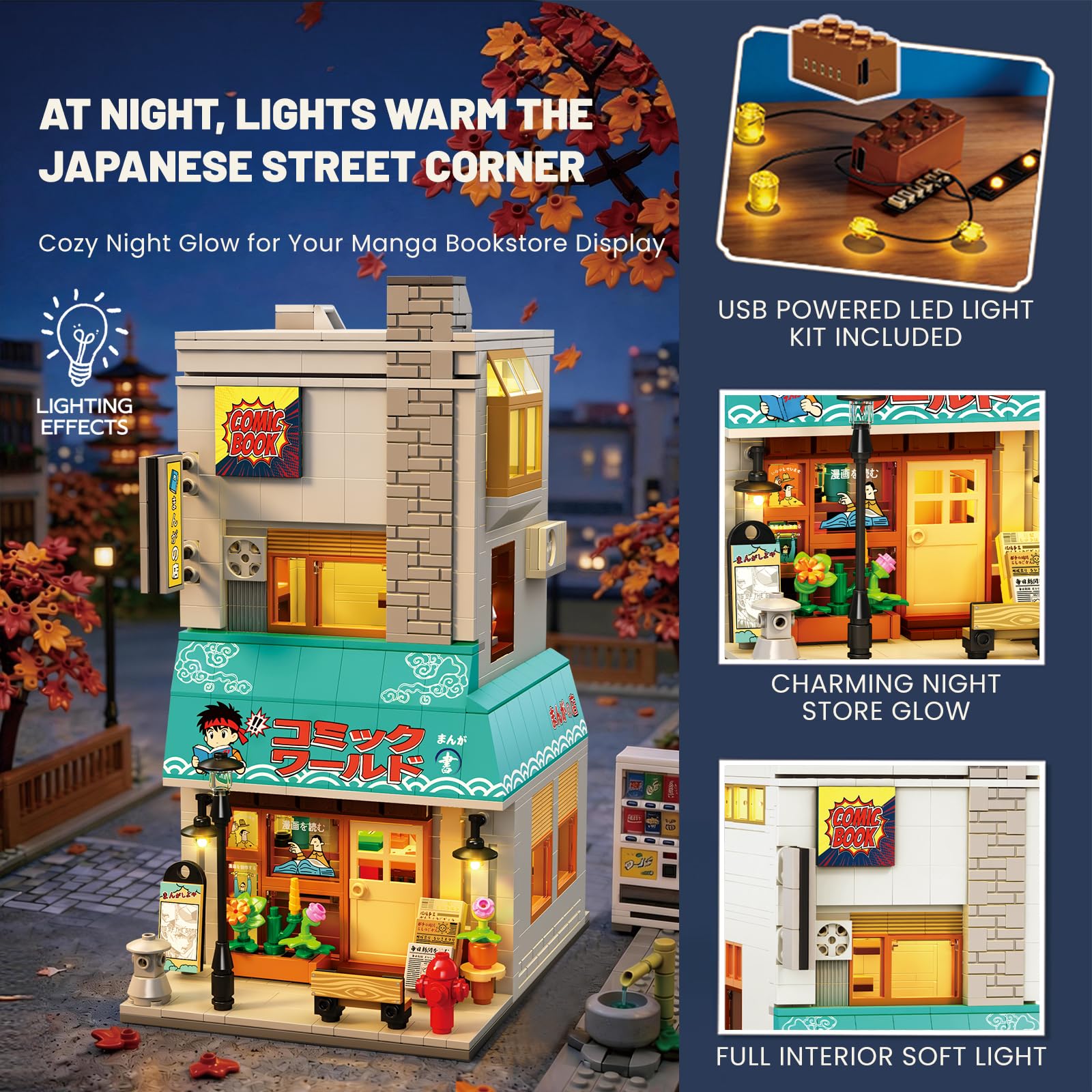 Reobrix 66505 - Juego de construcción de librería con luz LED, 1157 piezas de bloques de construcción de librería japonesa Street View, modelo de arquitectura modular de tienda de ciudad, regalo