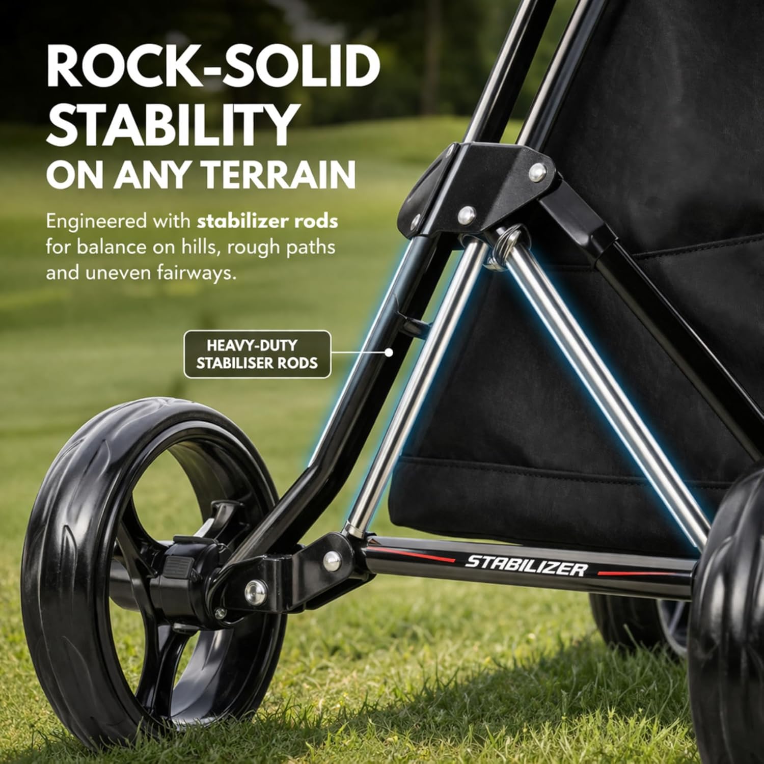 PRECISE Cruiser 3-Wheel Golf Push Cart with Foot Brake & Stabilizer Rods – Folding Golf Trolley, Ergonomic Handle, Detachable Storage Bag, Scorecard & Cup Holder