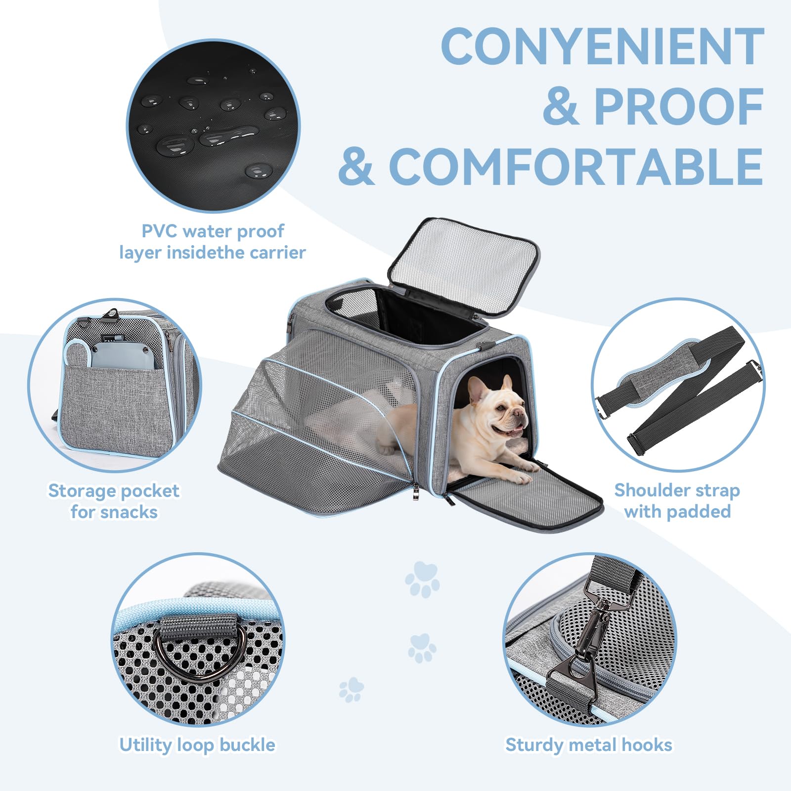 Petsfit - Transportín ampliable para perros, con forro polar, apto para la mayoría de aerolíneas, equipaje de mano, suave, plegable, con bolsillos