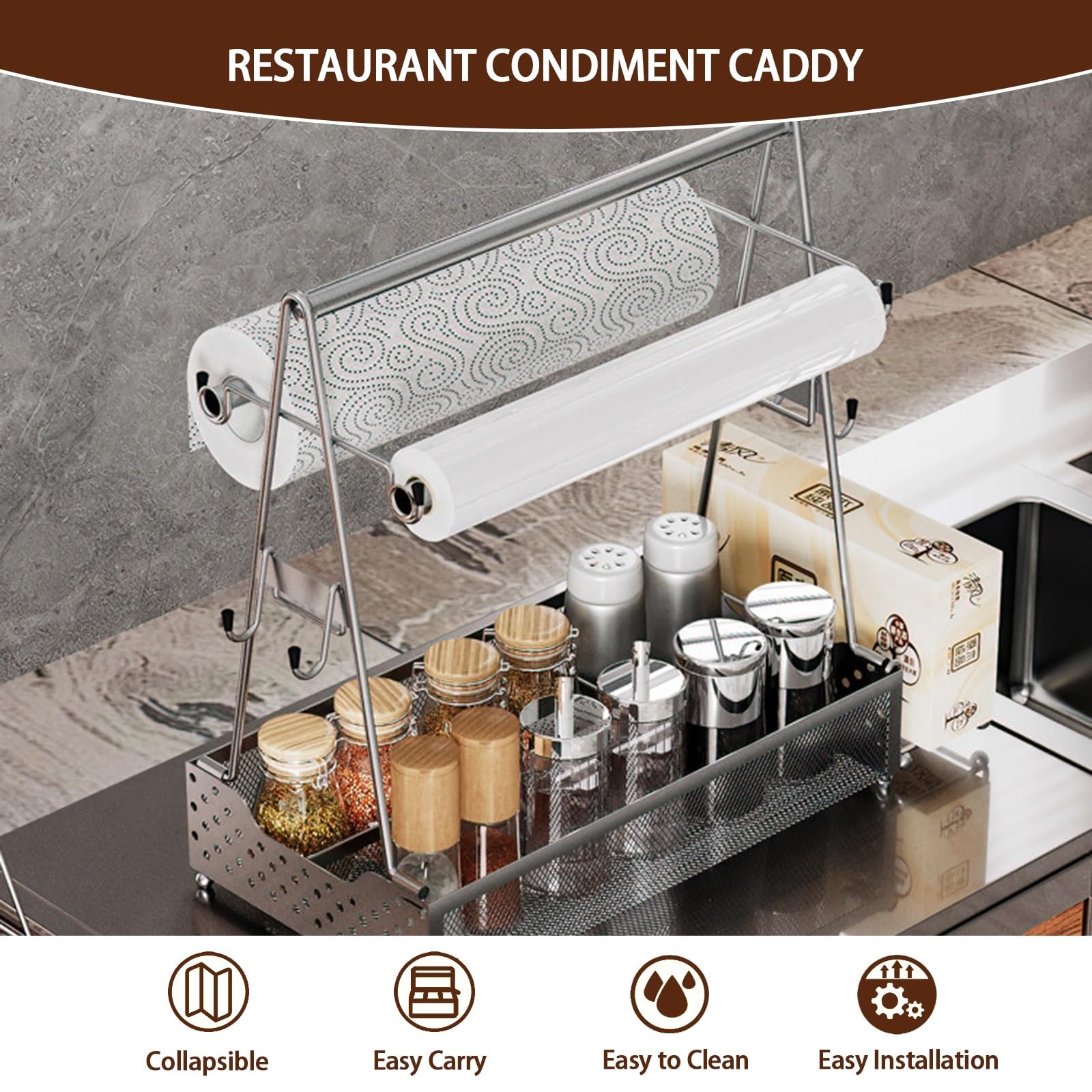 Gewürzdose für Den Grill BBQ Picknick Utensilien Organizer mit Griff und Papierhandtuchrollenhaltern Griddle Camping-Körbe für Outdoor-Küche, Buffet, Party (Color : Silver)
