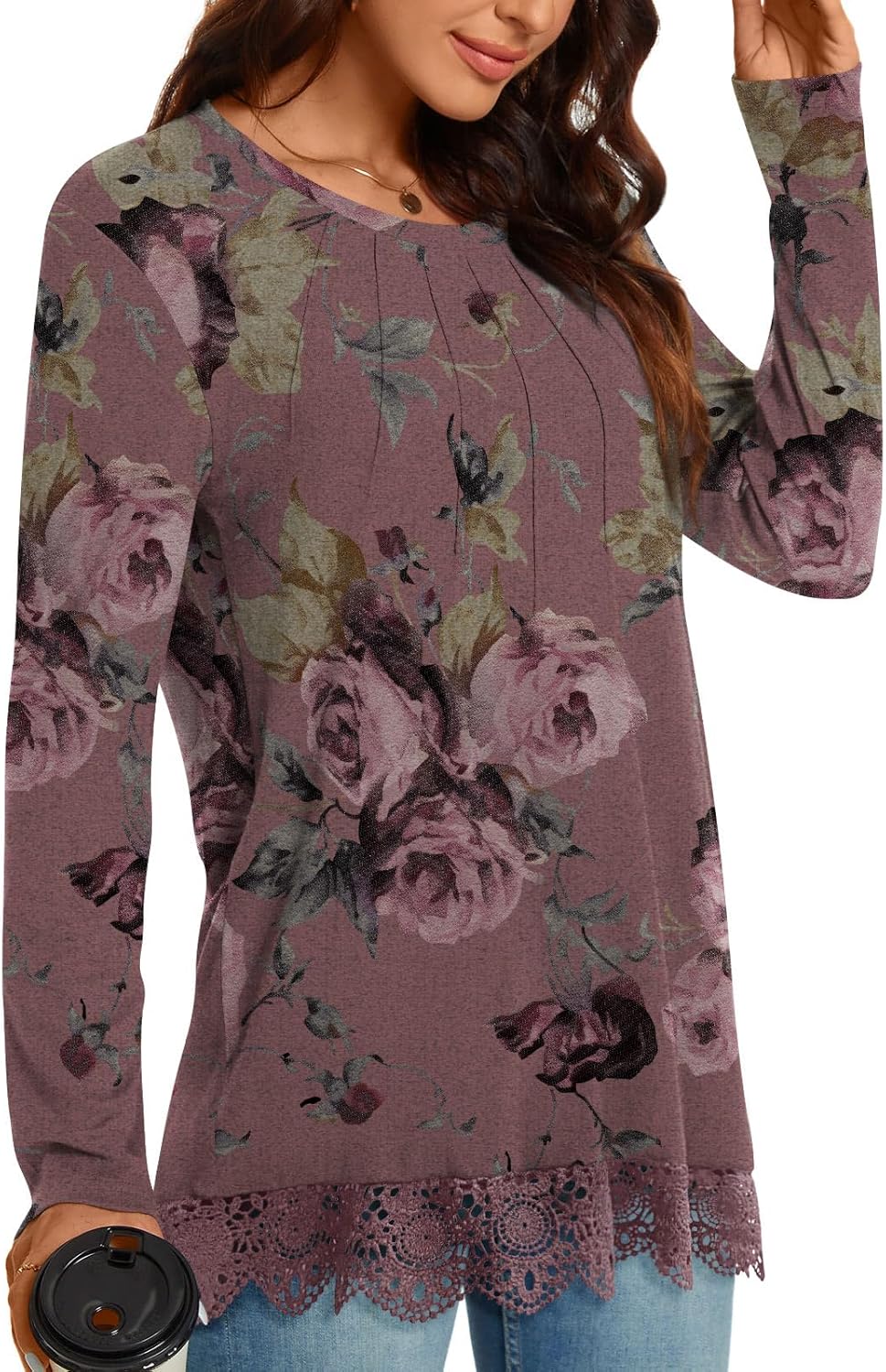 Netsmile Women's Tops Fall Long Sleeve Tunics Loose Dressy Casual Shirts Lace Hem Crewneck Pleated Sweatshirt for Leggings - Image 2