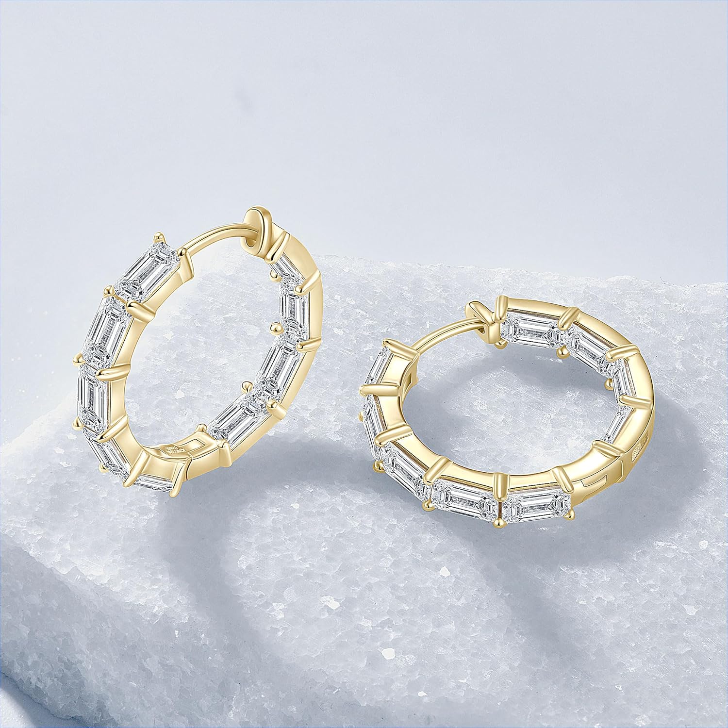 Moissanite Hoop Earrings, 9.0cttw D Color 3x5mm Emerald Cut Moissanite 925 Sterling Silver Round Earrings for Women Mom Wife Wedding Birthday Jewerly Gifts - Image 4