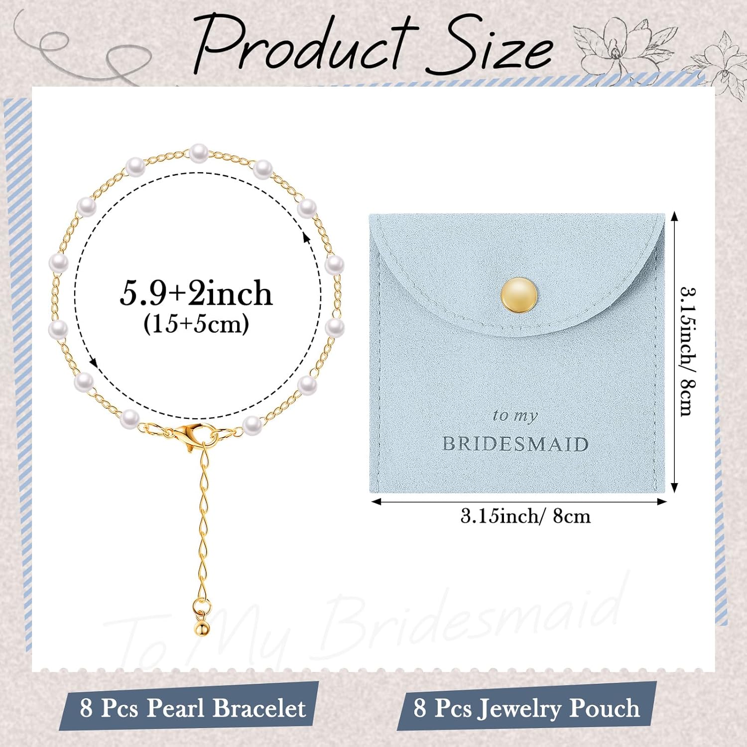 Quelay 16 Pcs Jewelry Bridesmaid Gift Pearl Bracelet Microfiber Jewelry Bag Pouch Set of 8 for Wedding Bridal Party Favor