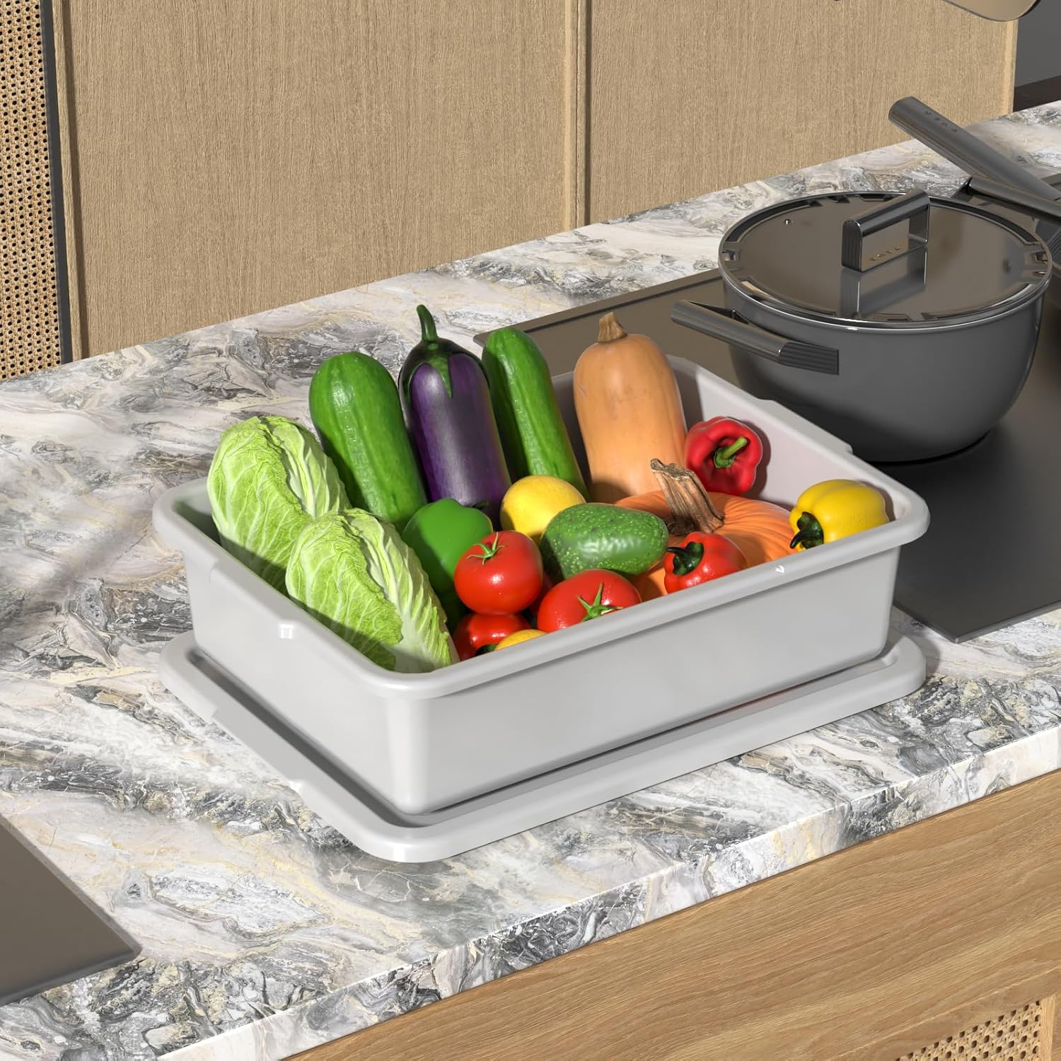15 L Plastic Commercial Bus Box with Lid, 12-Pack Restaurant Dish Tub, Gray