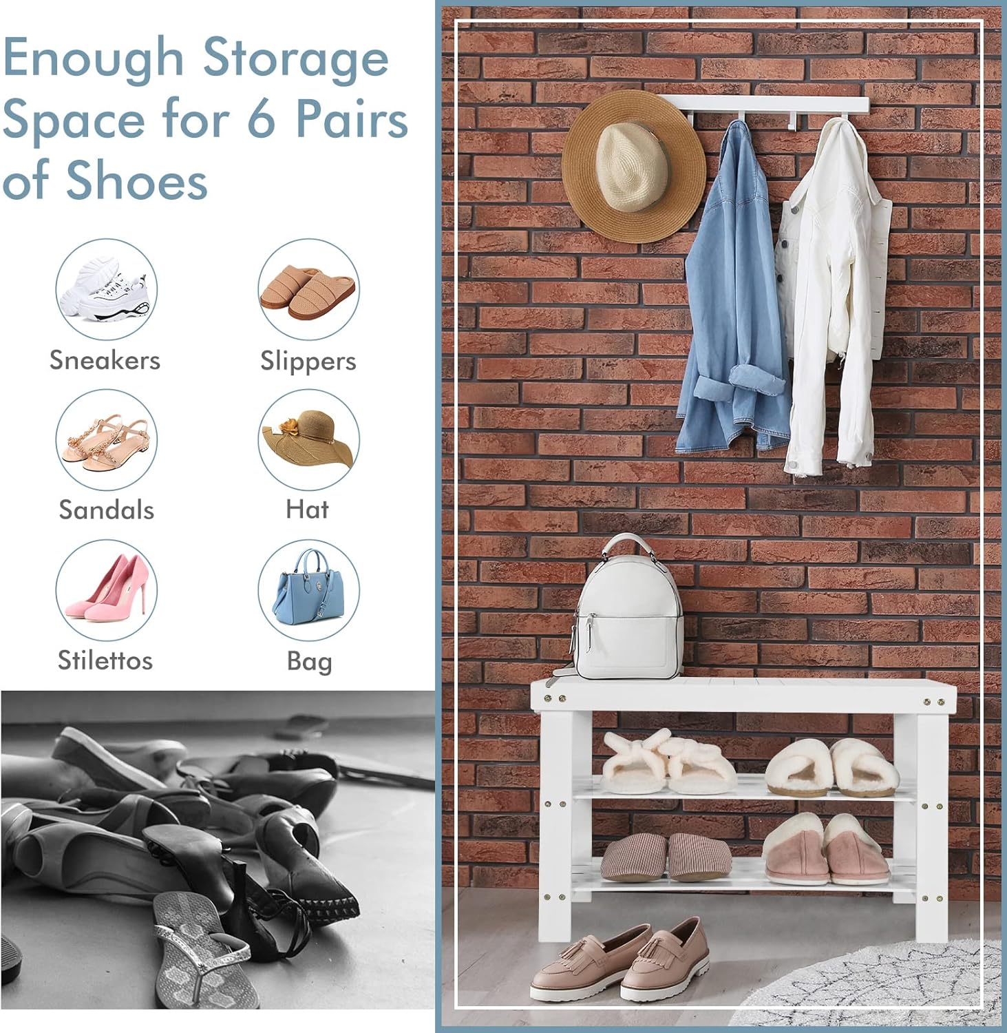 KOTEK Shoe Rack Bench 3-Tier Bamboo Shoe Shelf Organizer Entryway Bench Holds up to 220 lbs, Shoe Storage Rack for Hallway, Bathroom, Living Room (White)