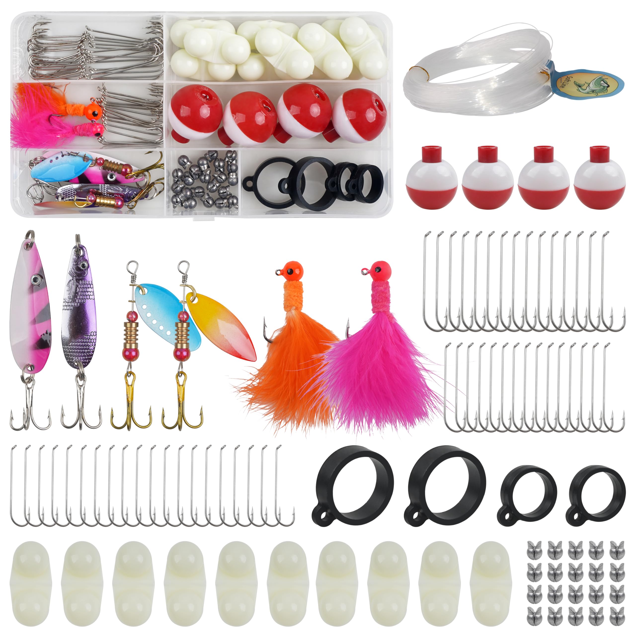 JOGFFDE Survival Fishing Kit Basic Version Compact Fishing Tool Rigs Tackle Kit Line Jig Head Hook Spoon Spinner Bait Bobber Split Shot Sinkers Outdoor Survival Tool Bass Crappies Trout, 95pcs/Box