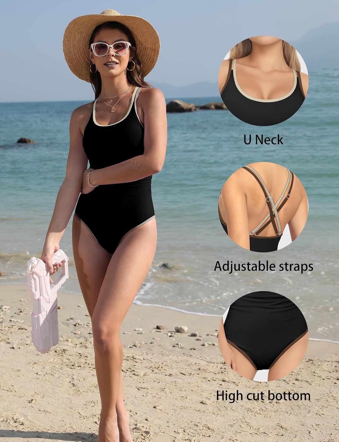Women's One Piece Color Block Swimsuit Scoop Neck Adjustable Strap Sporty Bathing Suit - Image 7