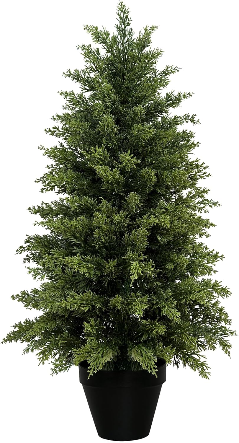 Mavis's Diary 3ft Artificial Cedar Topiary Tree, Set of 1 Realistic Faux Evergreen Shrub Plant in Planter, Indoor Outdoor Fake Cedar Tree for Front Porch, Entryway, Office & Home Decor