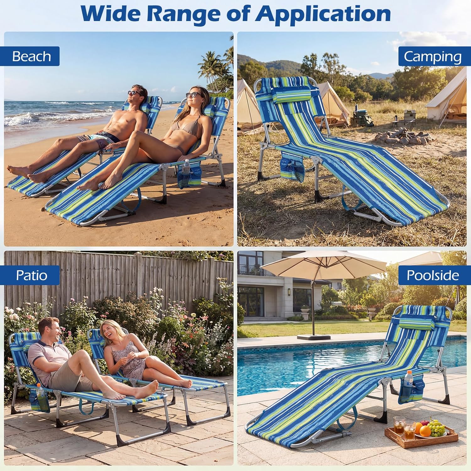 GYMAX Tanning Chair with Face Hole, Sun Bathing Lounge Chairs for Outside with Side Pocket, Folding Portable Face Down Layout Tanning Chair Beach, Backyard, Poolside, Lawn (Blue Stripe,2)