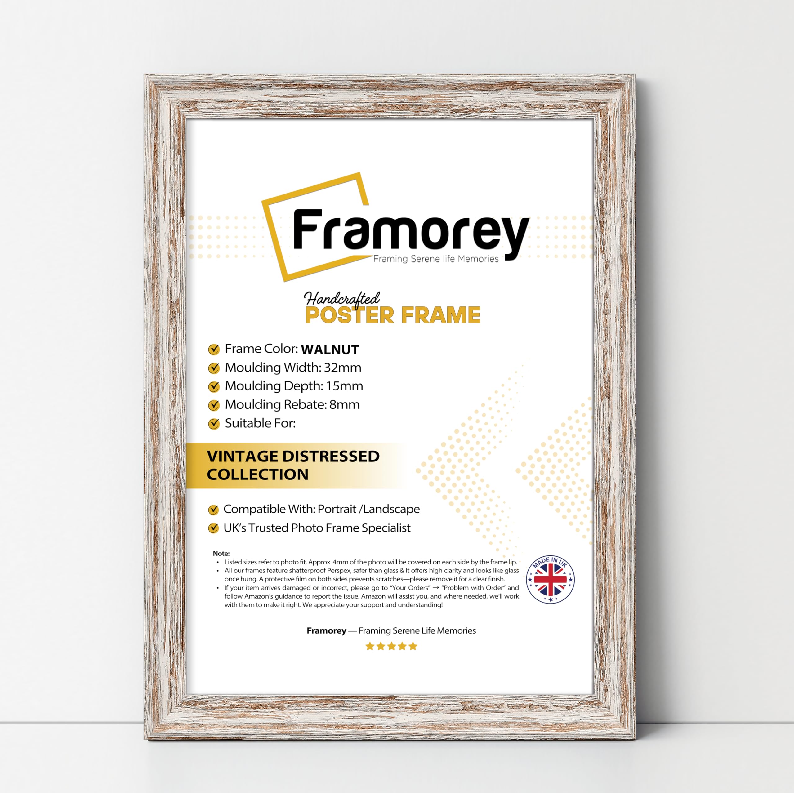 FRAMOREY Vintage Distressed Photo Frames, A1 Size Walnut Photo Frames, Wall Hanging Poster Frames, With a High Clarity Styrene Shatterproof Perspex Sheet